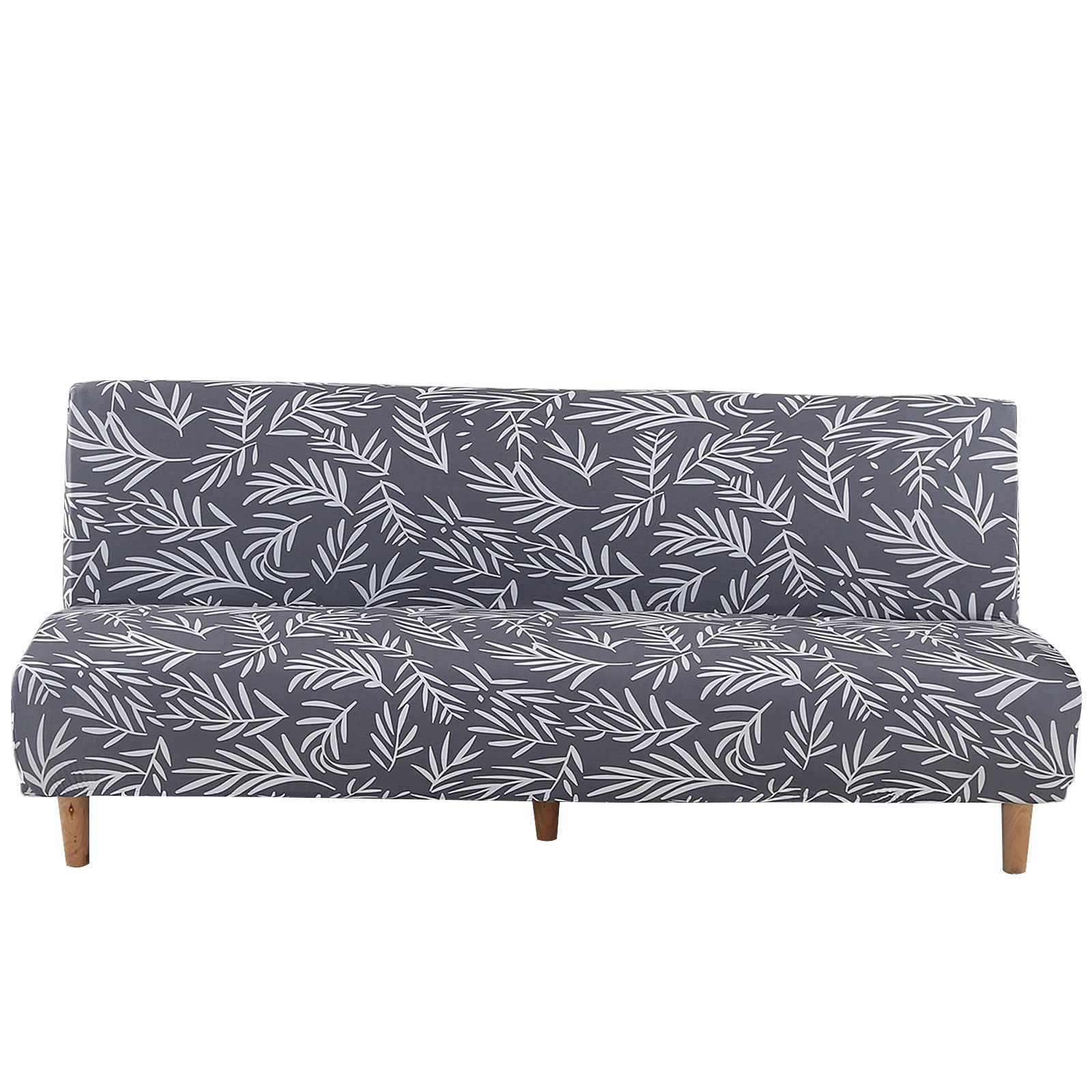 Stretch Elastic Armless Futon Cover - Slipcover for Folding Sofa Bed, Furniture Protector for Foldable Futon Without Armrests (Grey Leaves) - Perfect for Small Spaces, Guest Rooms & Dorm Decor