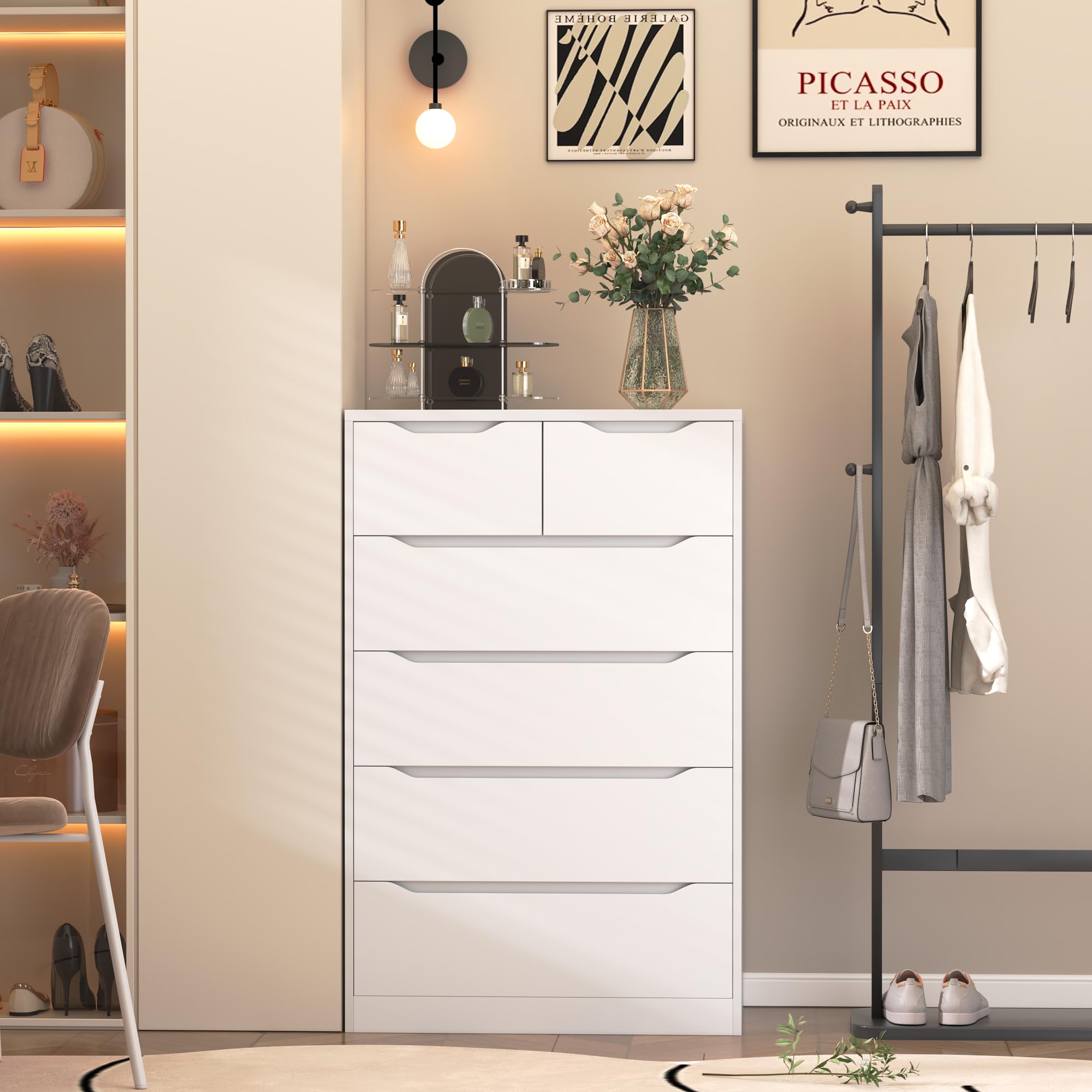 Modern White 6-Drawer Tall Dresser for Bedroom - Spacious Storage Chest of Drawers (27.5