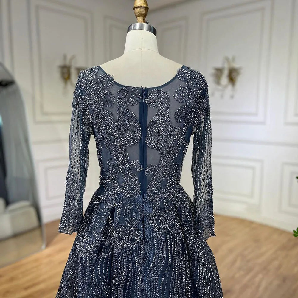 Luxury Dubai Evening Dresses for Women 2025 - Elegant A-Line Beaded Muslim Grey Blue Overskirt LA70773A | Perfect for Weddings, Parties & Formal Events