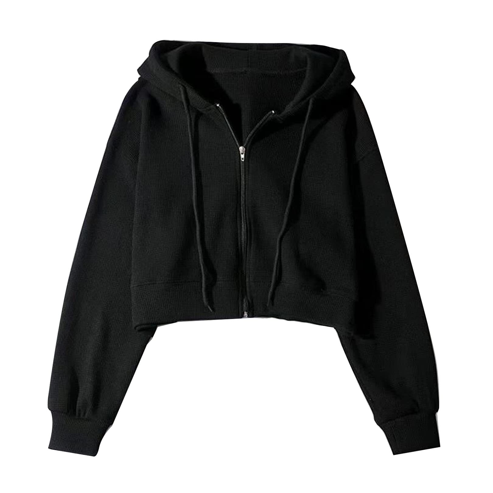 Flygo Women's Vintage Waffle Knit Cropped Zip Up Hoodie - Long Sleeve Sweatshirt Jacket with Hood for Casual Outfits, Loungewear & Street Style Fashion