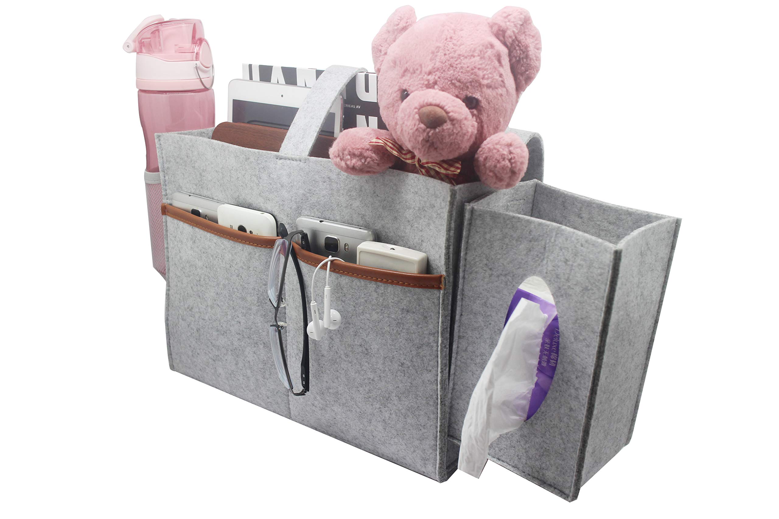 Larjasam Bedside Organizer with Removable Tissue Box & Mesh Bottle Pocket - Felt Storage Caddy for Books, Magazines & Essentials - Perfect for Home, Hospital, Loft Beds & Sofas - Light Grey