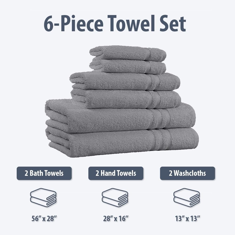 Premium 6-Piece 650 GSM Cotton Bath Towel Set - Ultra Soft & Absorbent - Silver Gray - Luxury Bathroom Towels for Spa, Hotel & Home Use