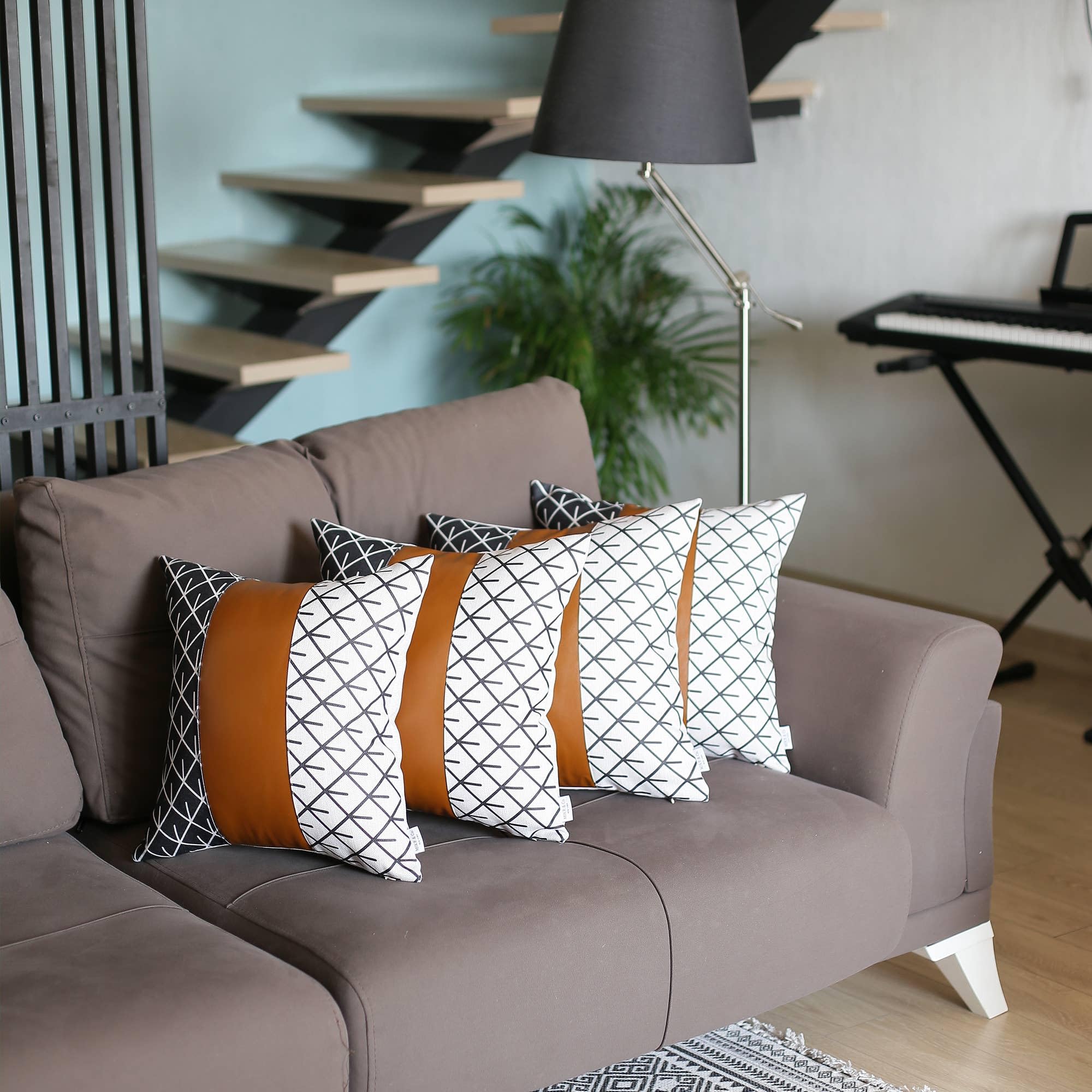 Apolena Boho Set of 4 Decorative Throw Pillow Covers - 17x17 Inch Vegan Faux Leather Square Pillow Cases in Brown & Ivory Geometric Pattern - Perfect for Sofa, Couch, Bed, Living Room & Home Decor