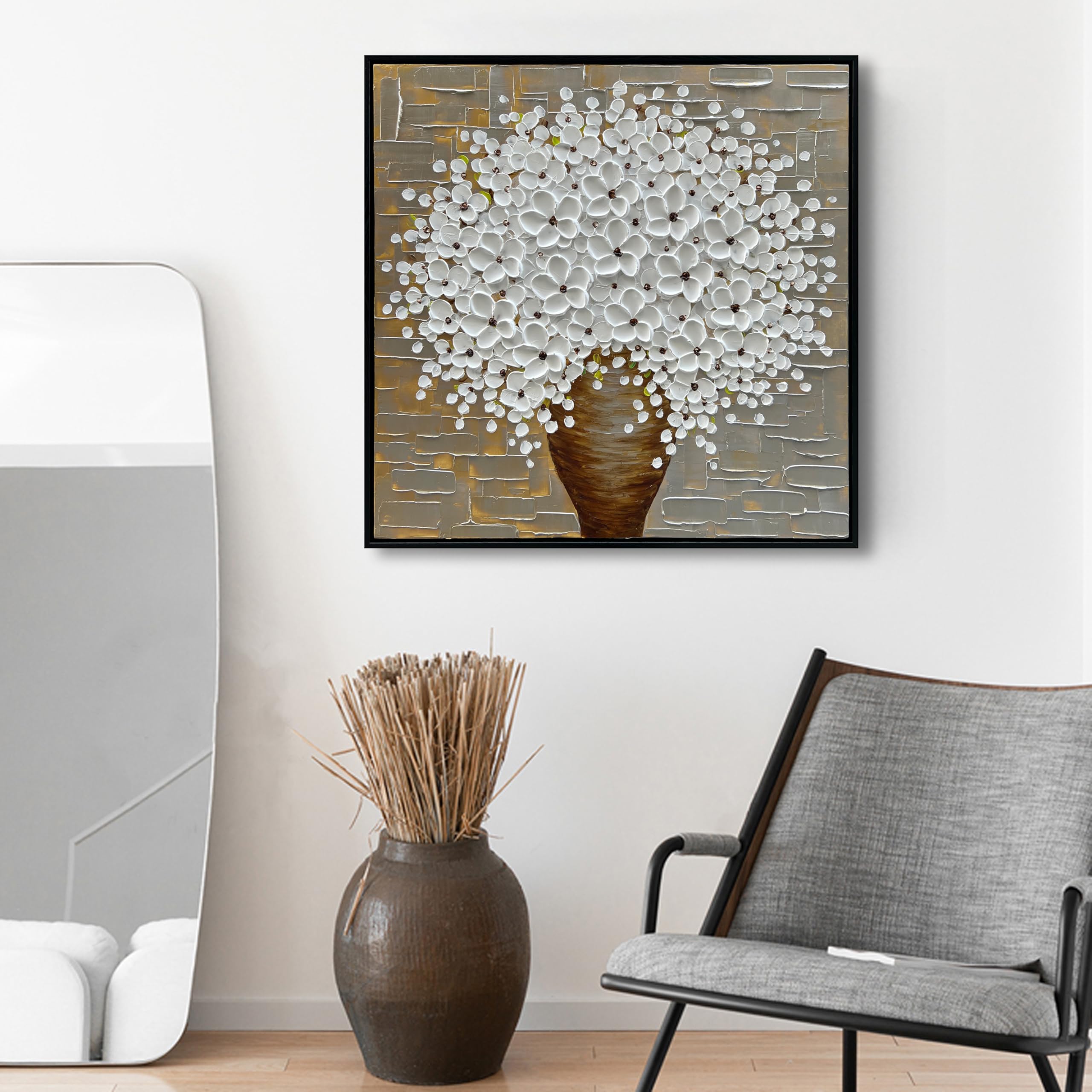 Hand-Painted 3D White Flower Oil Painting on Black Framed Canvas - 24x24 Inch Art Deco Wall Decor for Living Room, Bedroom & Office | Thick Texture Background Floral Mural