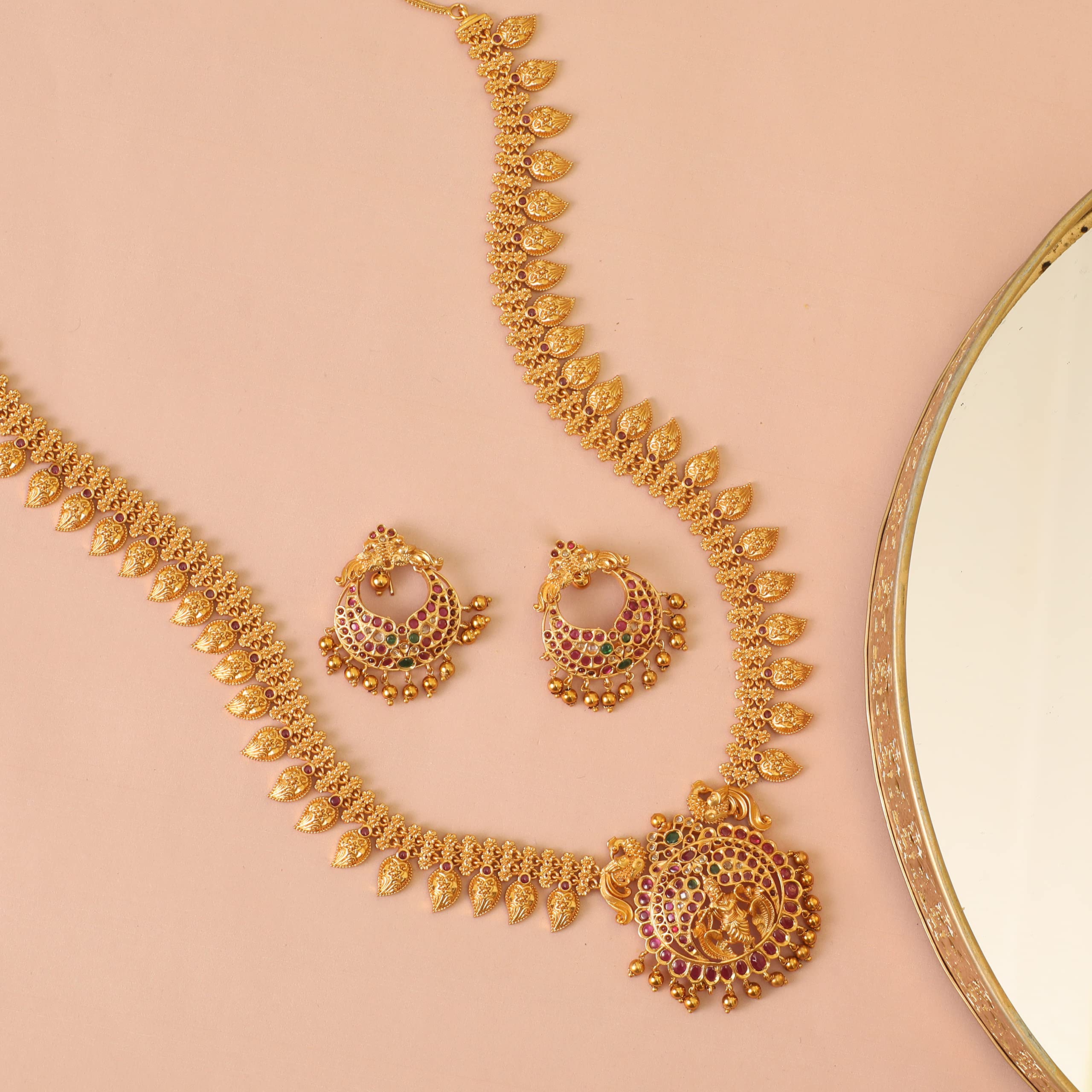 Antique Gold Plated Gita Long Necklace Set with Peacock Design - Indian Jewelry for Women | Traditional South Indian Necklace Set | Perfect for Weddings, Festivals & Ethnic Occasions | 1 Year Warranty | Elegant Gift for Brides & Cultural Events