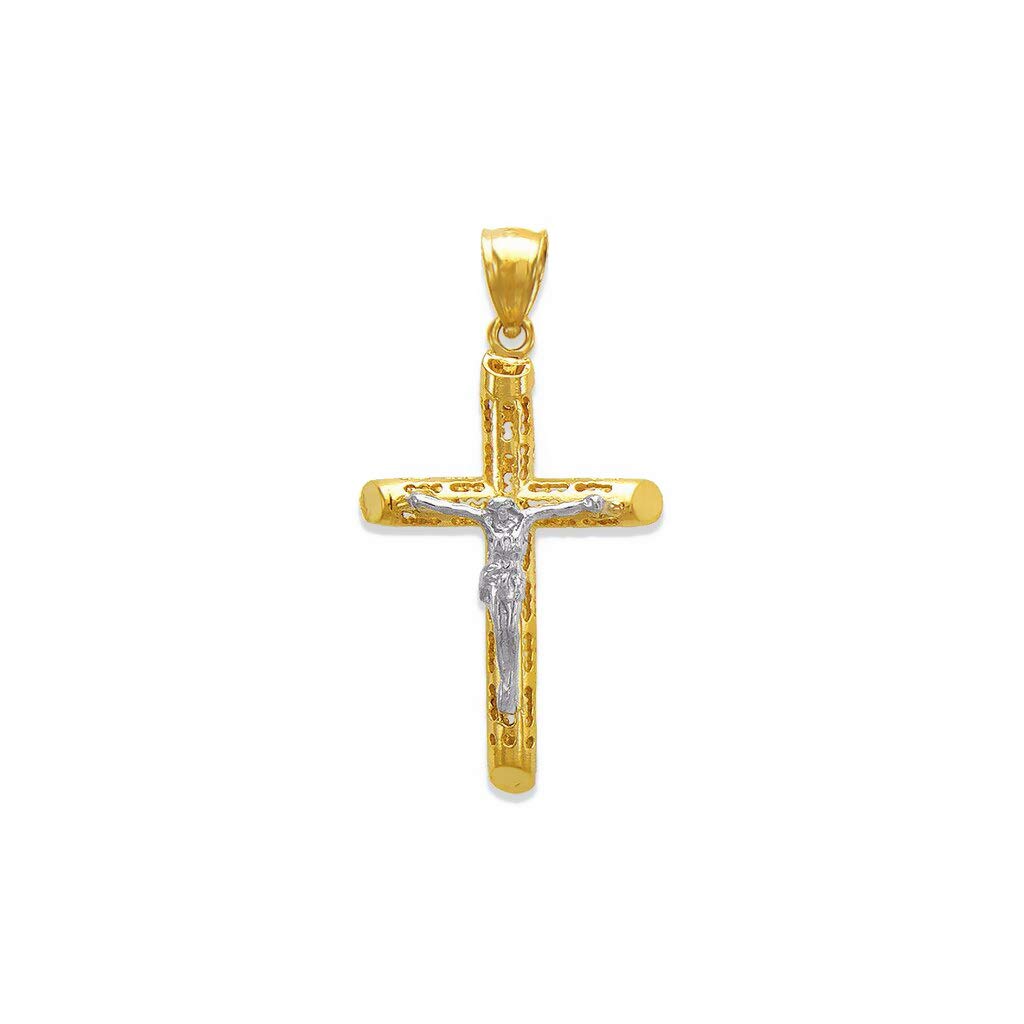 14K Two-Tone Gold Jesus Cross Pendant Necklace - Luxury Catholic Christian Religious Jewelry Gift for Women & Men (30mm, 38mm, 59mm, 68mm, 77mm) - Perfect for Baptism, Confirmation, Weddings & Daily Faith Inspiration