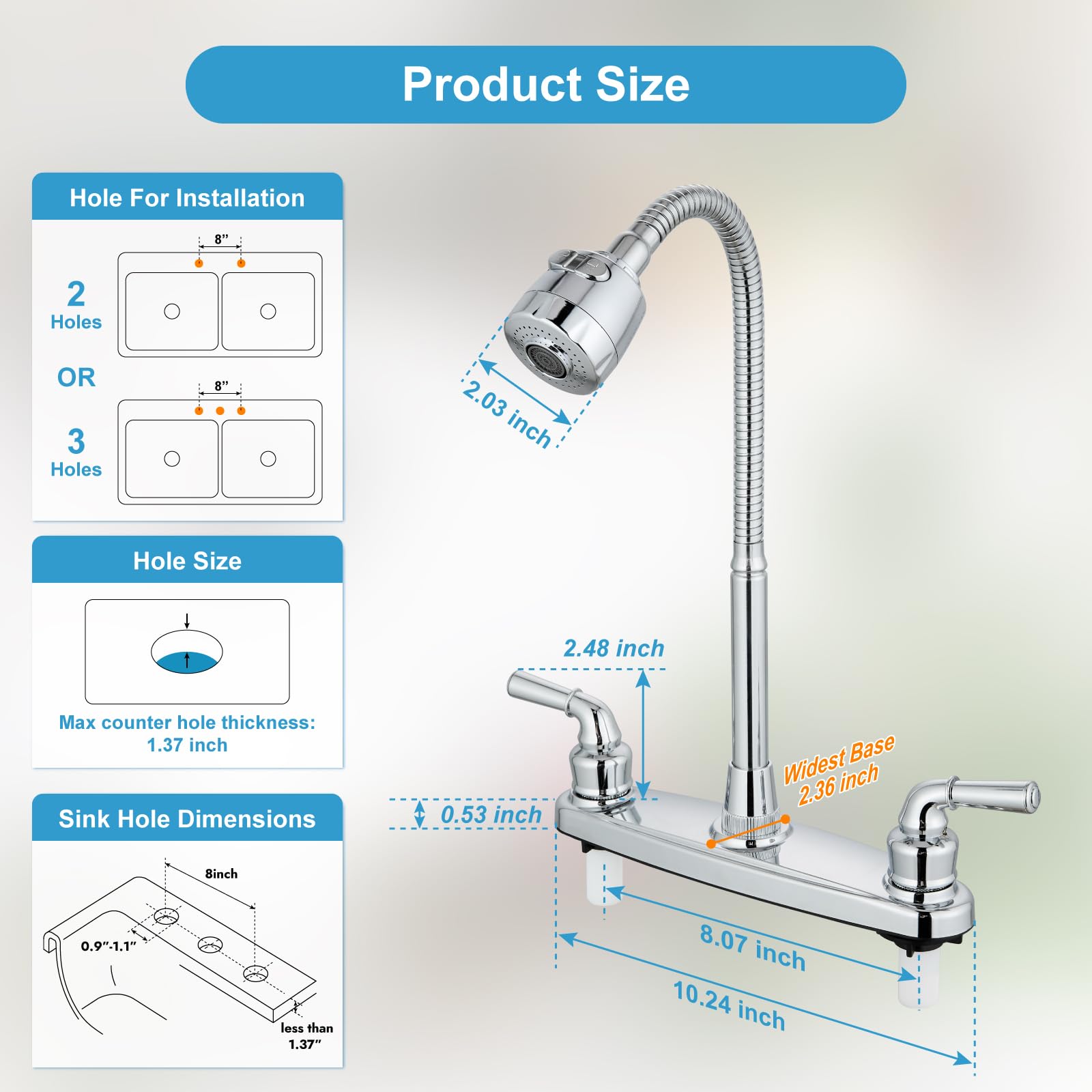360° Swivel RV Kitchen Faucet - 8 Inch Deck Mount Camper Sink Faucet with Flexible Spout, Polished Chrome Water Mixer Tap for Motorhome, Travel Trailer & Tiny House (Perfect for Outdoor Cooking & Compact Spaces)