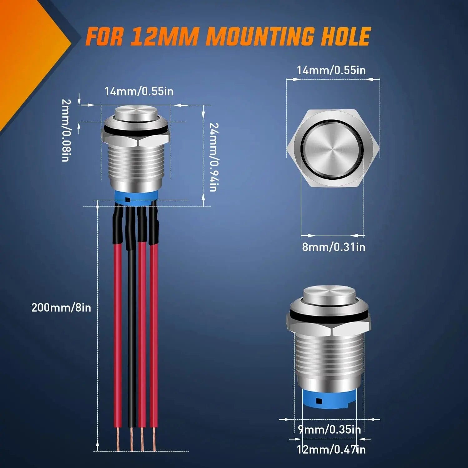 12mm 12V Waterproof Latching Push Button Switch - ON/OFF IP67 Rated for Marine, RV & Outdoor Electrical Applications