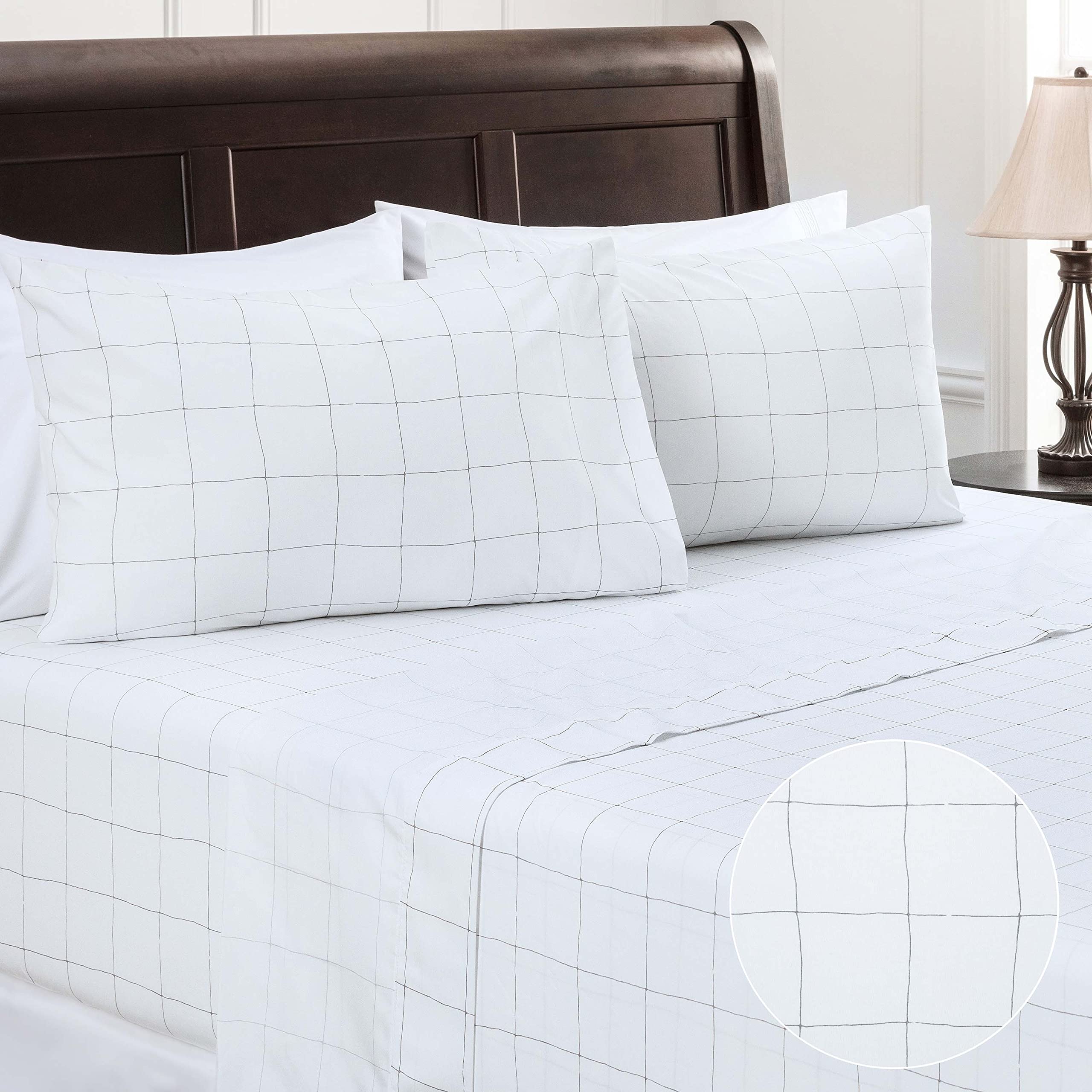 Chanasya Premium Printed Queen Bed Sheet Set 4-Piece - Soft Hand Drawn Plaid Pattern Microfiber Sheets - 1 Flat Sheet, 1 Fitted Sheet, 2 Pillowcases - Wrinkle & Fade Resistant - White - Queen Size for Cozy Bedroom Decor & Comfortable Sleep