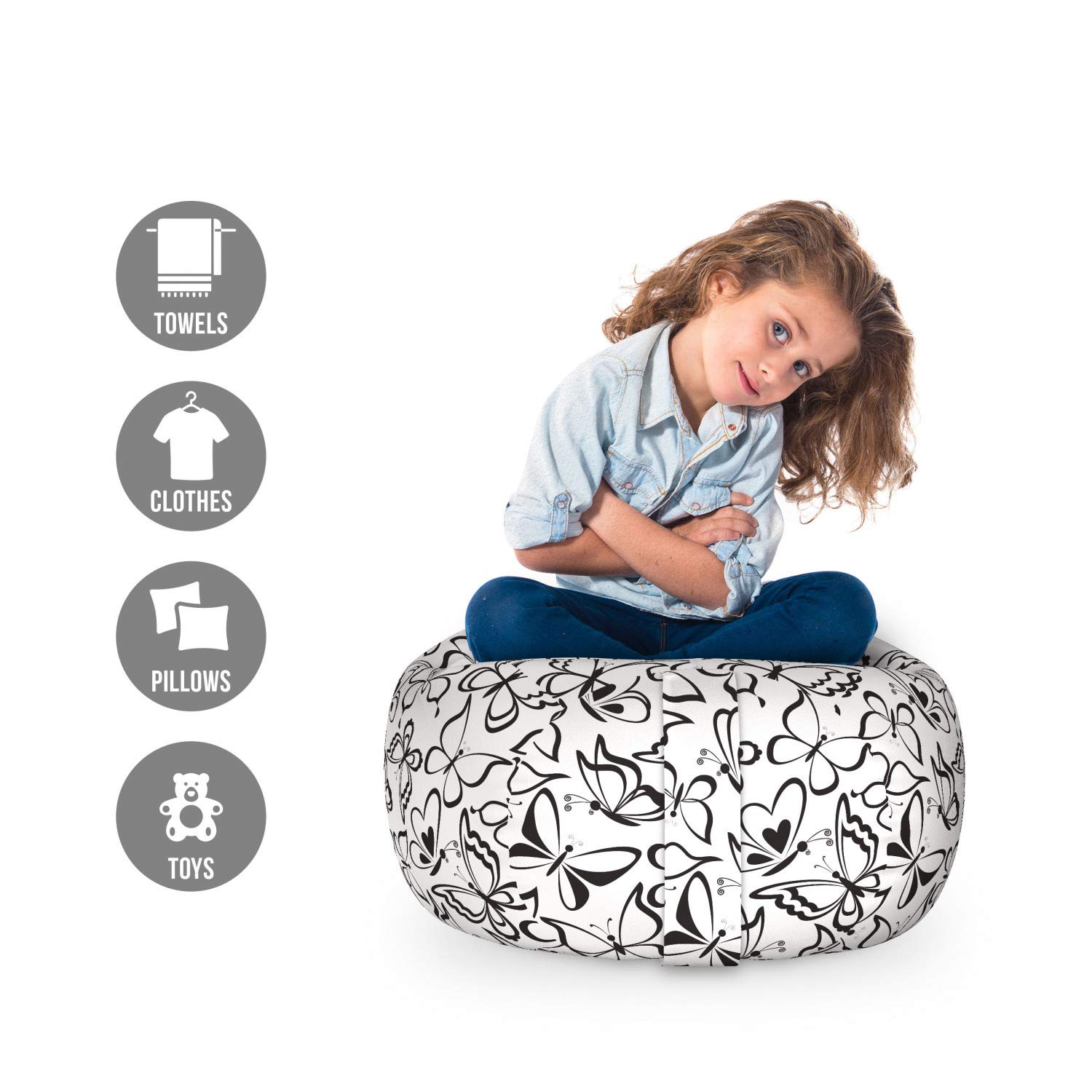 Ambesonne Animal Storage Toy Bag Chair - Butterfly Pattern Freedom Sign Feminine Illustration Stuffed Animal Organizer, Washable Small Size White & Black - Kids Room Decor, Nursery Storage, Playroom Organization