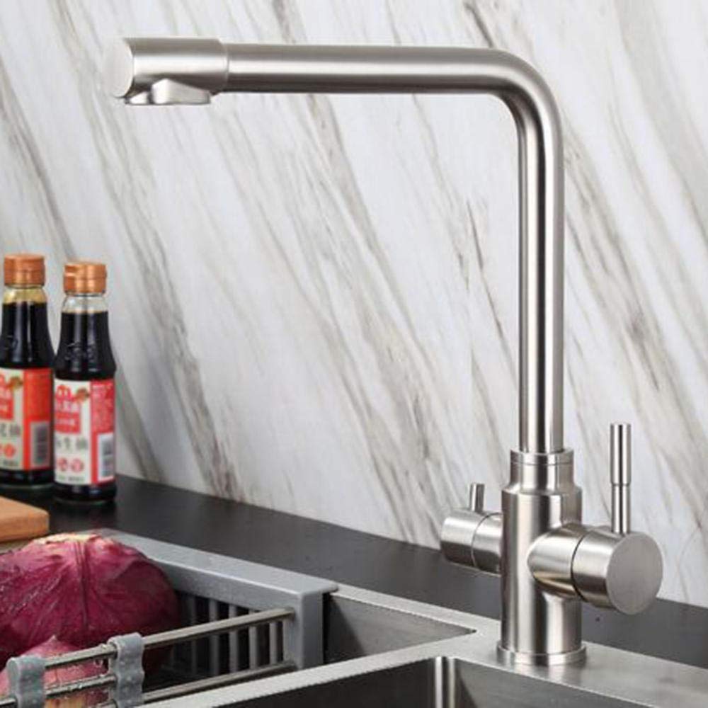 3-Way Kitchen Faucet Water Filter - 304 Brushed Stainless Steel, 360° Rotatable, Hot & Cold Water Purification System - Perfect for Home, RV, and Outdoor Use