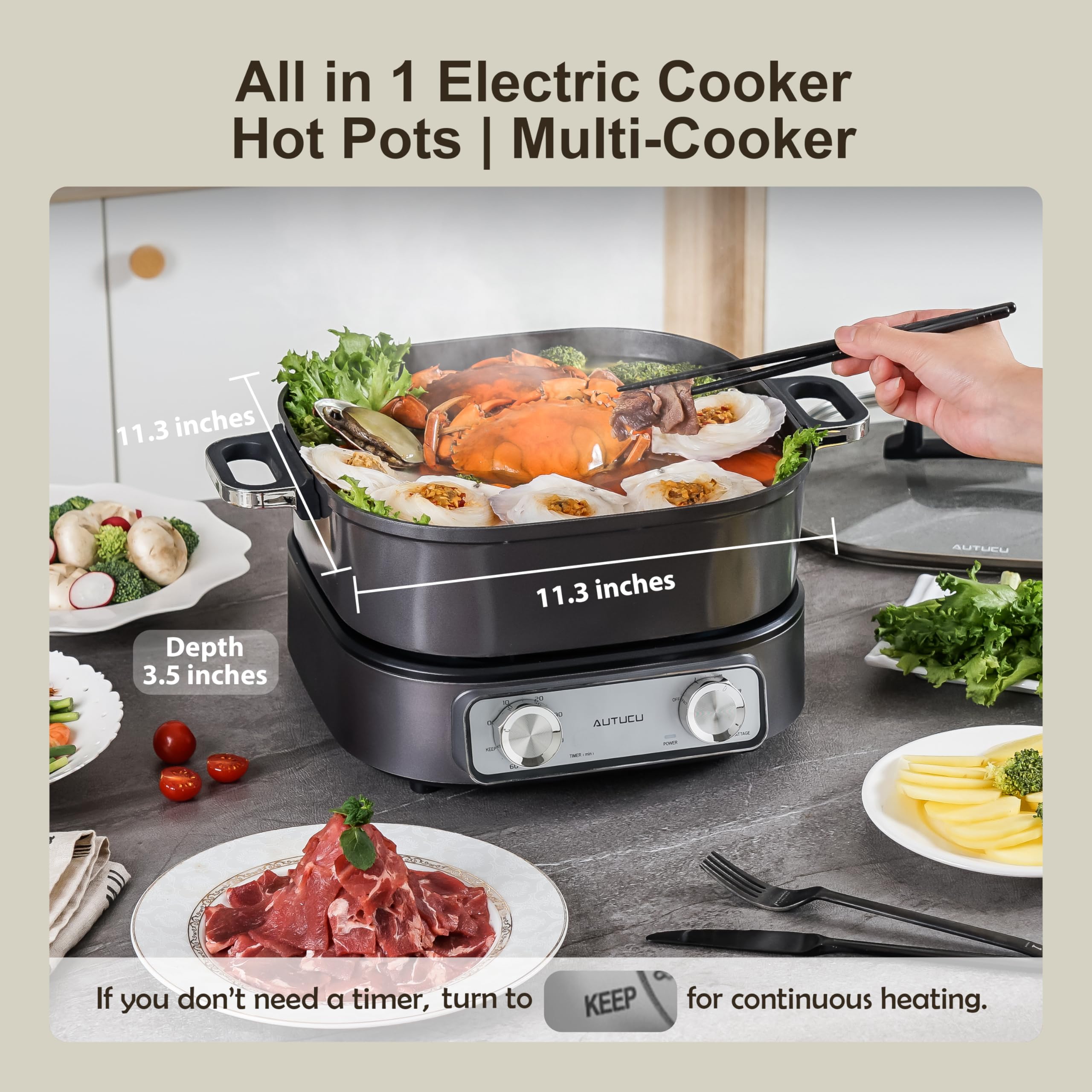 6-Quart Electric Hot Pot & Multi-Cooker - PFOA-Free Ceramic Non-Stick Skillet with 3 Power Settings & Timer, 1600W for Family Cooking | Perfect for Soups, Stews, Hot Pot Parties & Dorm Room Meals