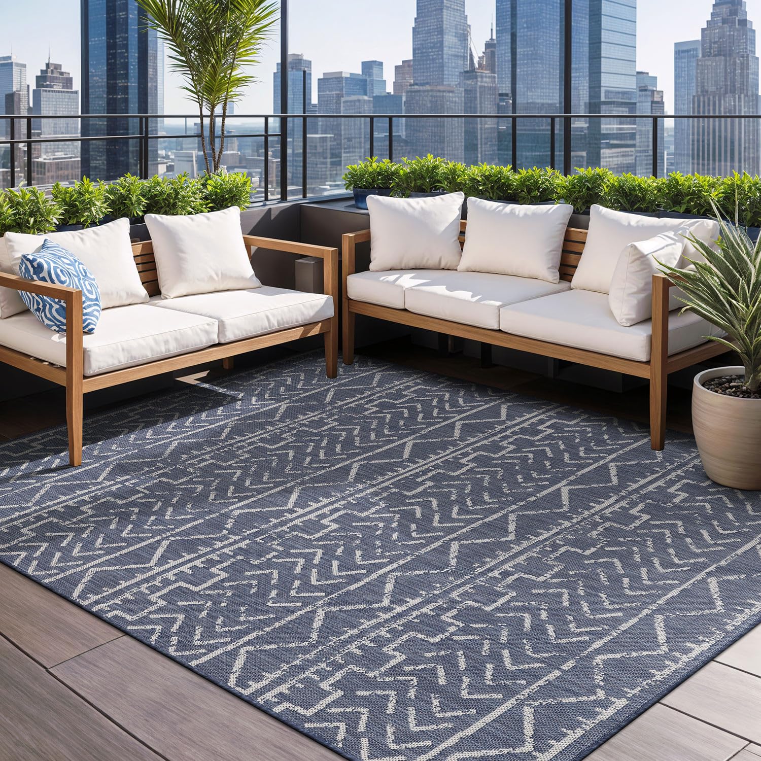 Beverly Rug Waikiki 8x10 Indoor Outdoor Washable Carpet - Water Resistant Blue & White Area Rug for Patio, Deck, Porch, Trellis | Perfect for Backyard, Poolside & Beach House Decor