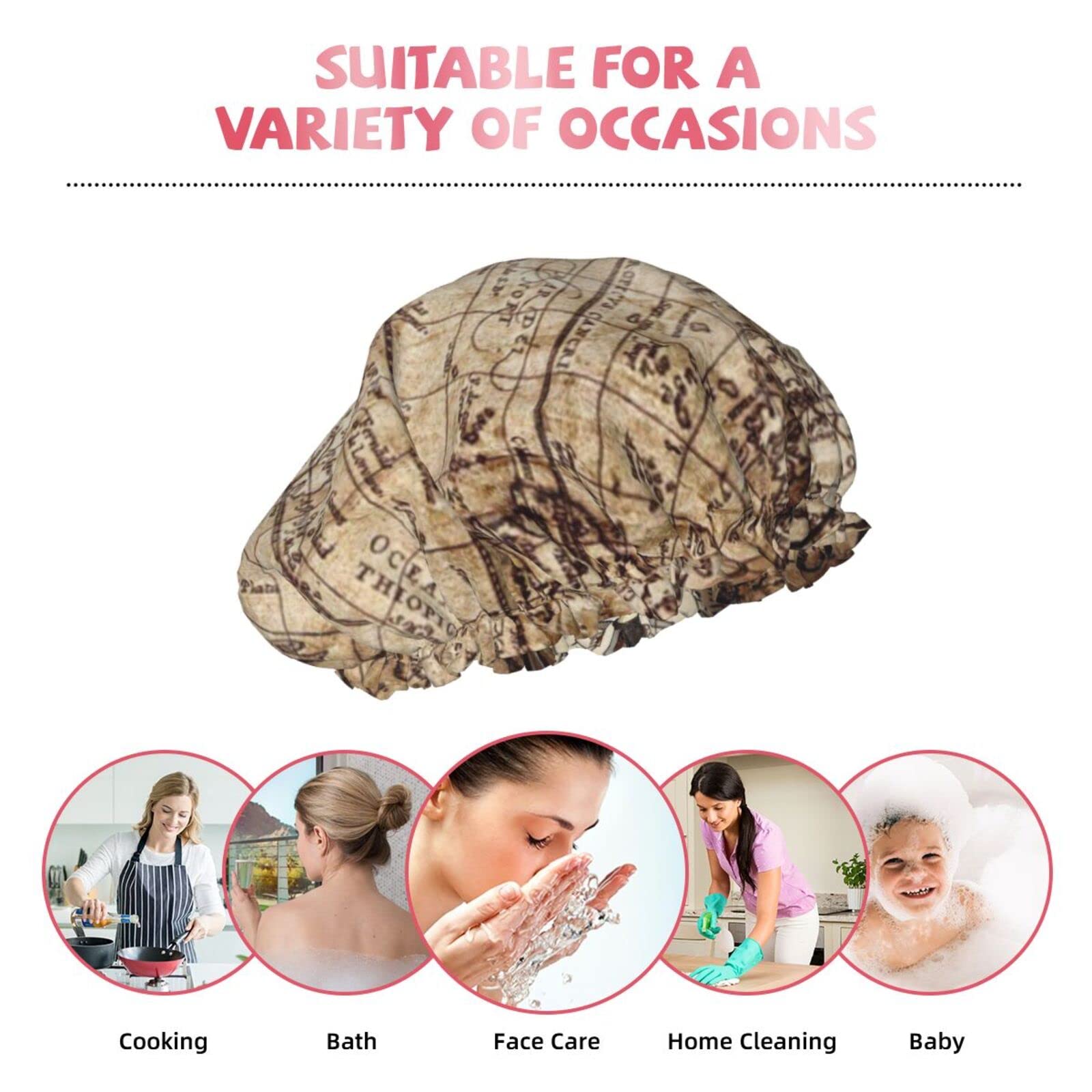 Waterproof Reusable Shower Cap for Women - Nautical Compass Map Design, Double Layer Bathing Hair Cap for Shower, Swimming & Spa - Perfect for Travel, Gym & Home Use