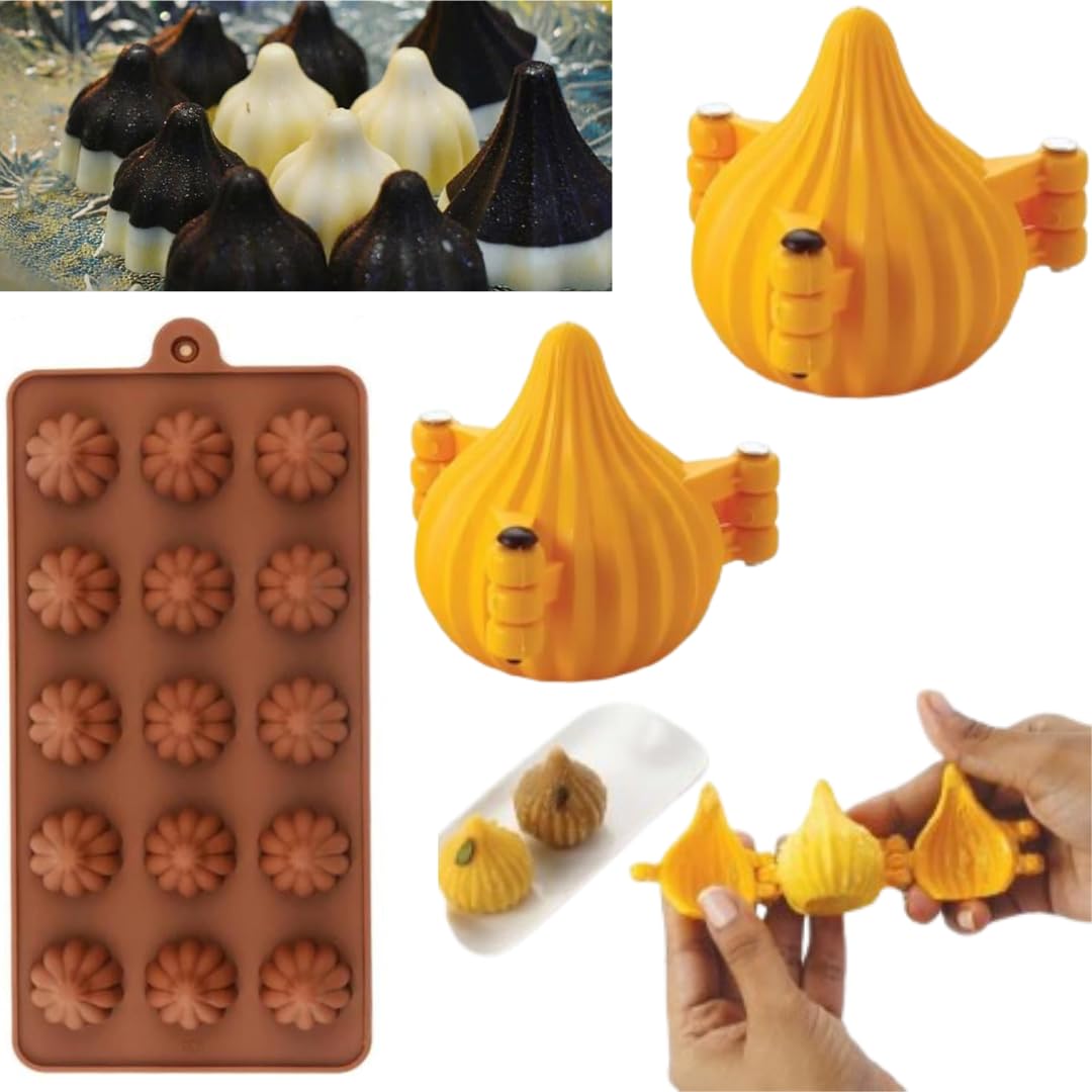 LEGACYCART 15 Cavity Silicone Modak Mold + 2PC Three-Fold Modak Makers - 3D Cake Molds for Cupcakes, Chocolate Mousse, Dessert, Brownie, Cookie & Pudding (3-Piece Set) - Perfect for Diwali Sweets, Party Treats & Home Baking