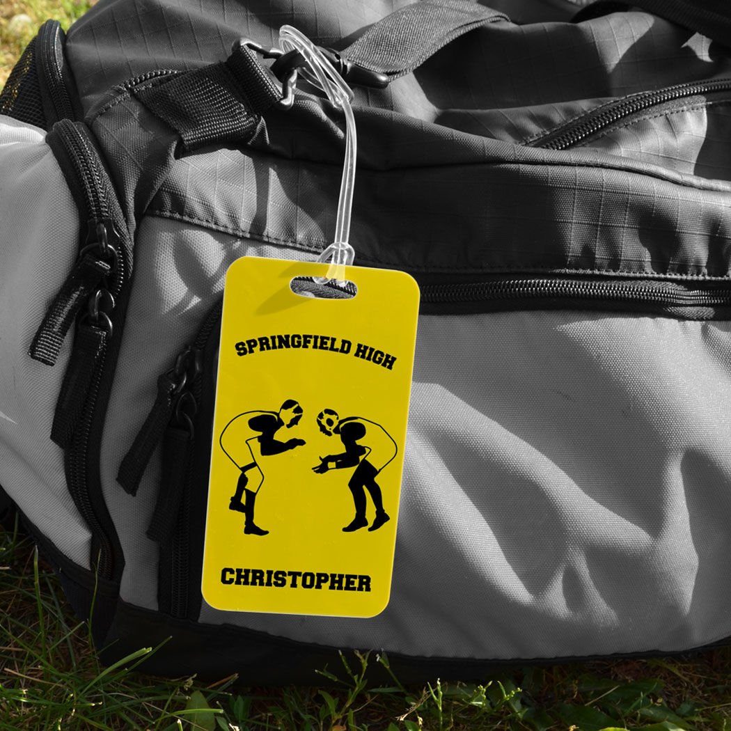 Personalized Wrestling Team Luggage Tag - Large Yellow & Black Bag Tag for Wrestlers | Durable Standard Lines on Back | Perfect for Travel, Gyms & Wrestling Tournaments