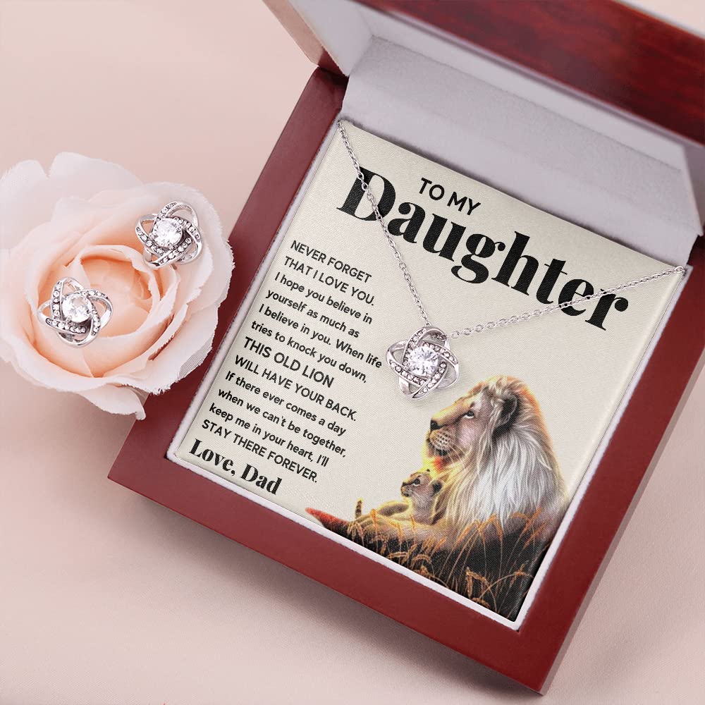 Father Daughter Necklace - Personalized Jewelry Gift for Daughter from Dad, Birthday, Graduation, Christmas Present with Message Card & LED Gift Box (Includes Earrings, Lion Knot Set) - Perfect for Special Occasions & Heartfelt Moments