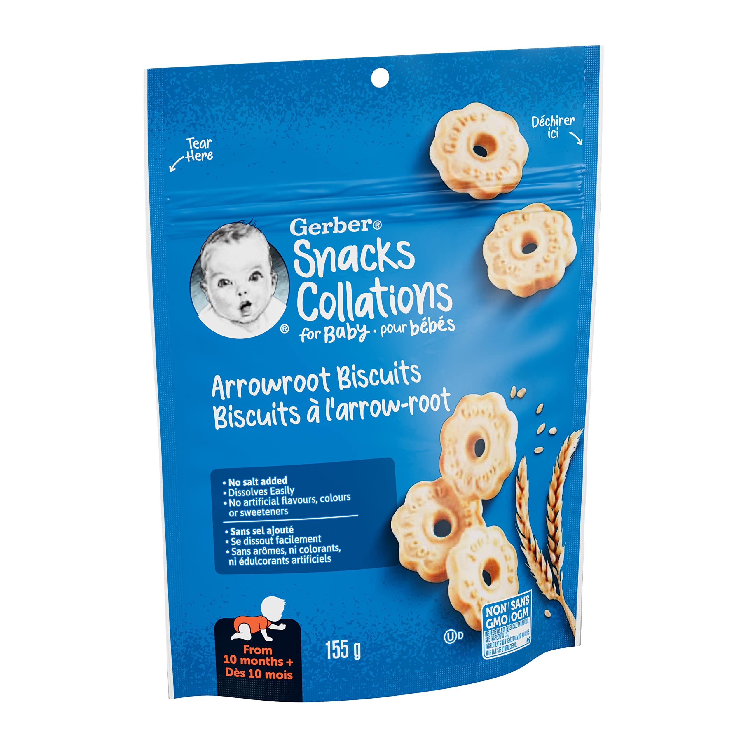 GERBER Arrowroot Baby Biscuits - Healthy Snacks for Babies 10+ Months - 155g (4 Pack) - Perfect for Teething, On-the-Go & First Finger Foods