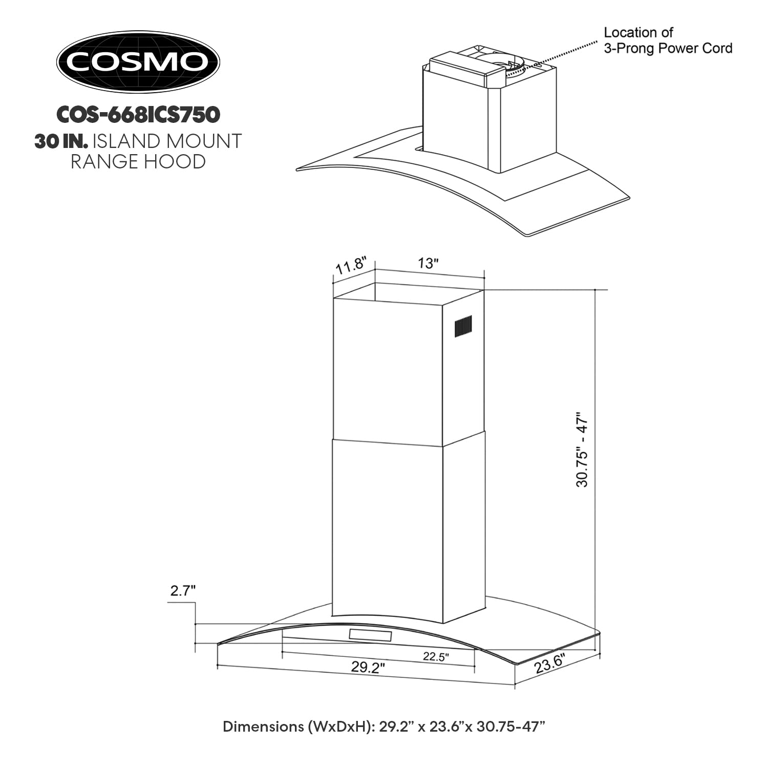 COSMO COS-668ICS750 30-inch Stainless Steel Ducted Island Range Hood - 380 CFM, Soft Touch Controls, LED Lighting - Perfect for Modern Kitchen Islands & Open Concept Homes