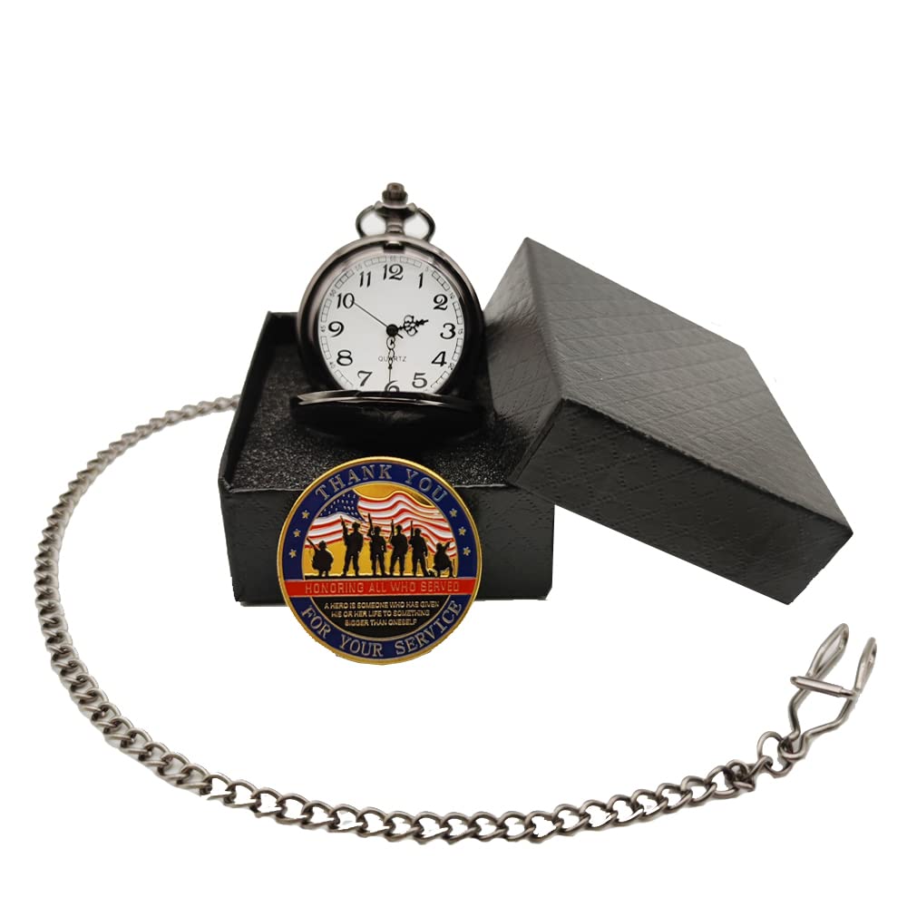 Military Challenge Coin Pocket Watch for Veterans - Best Veterans Day Gift Idea for Men & Women - Perfect for Retirement, Appreciation & Special Occasions