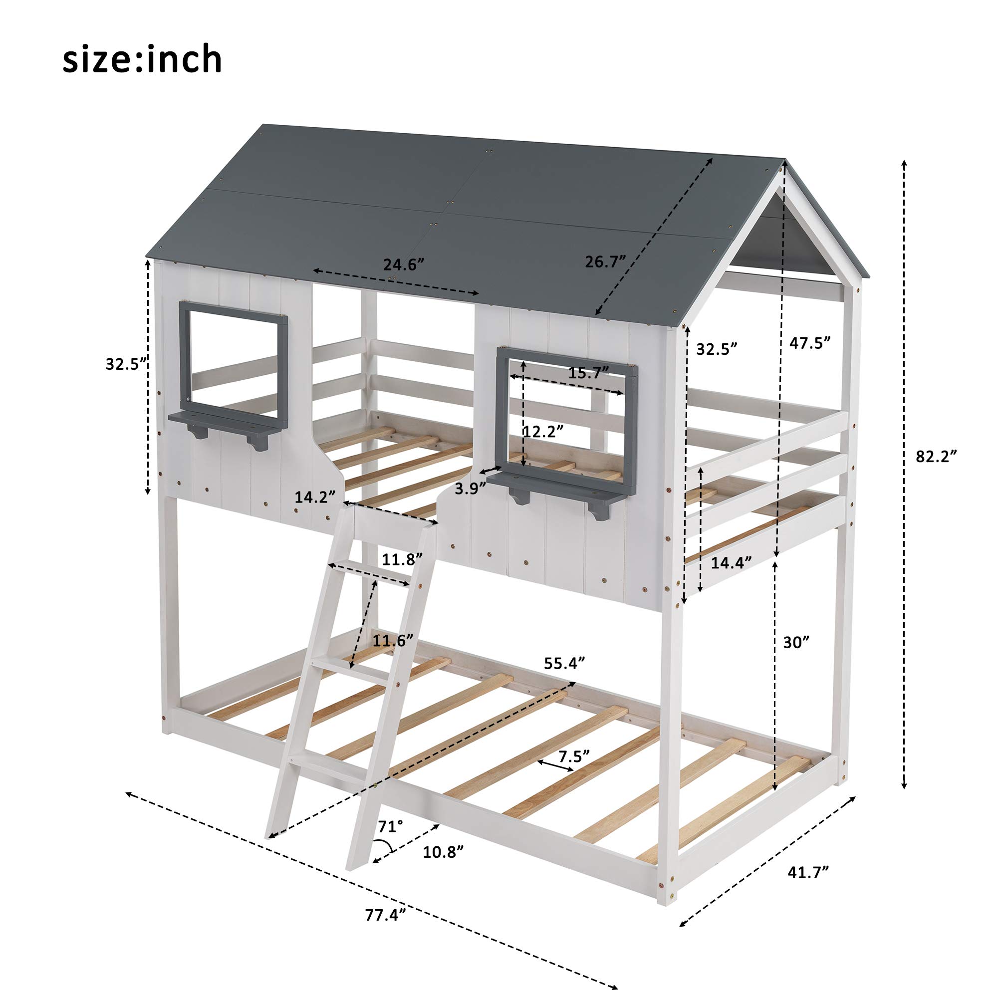 Danxee Twin Over Twin Wooden Bunk Beds with Playhouse Roof, Safety Guardrail & Ladder - Kids Bunk Bed for Boys & Girls - Easy Assembly (White) - Perfect for Bedrooms, Playrooms & Small Spaces