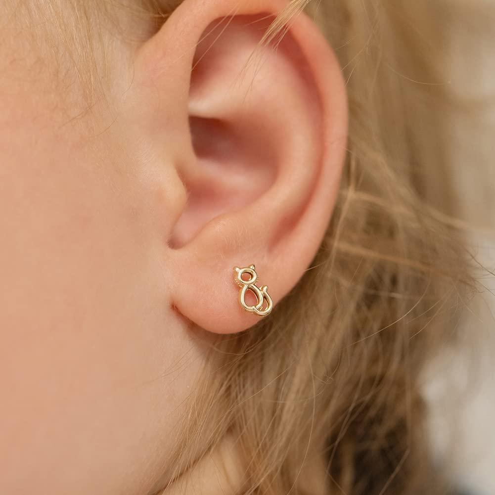14K Yellow Gold Cat Stud Earrings for Toddlers & Girls - Secure Screw Back Design for Safety - Cute Little Kitten Earrings for Kids | Perfect for Birthdays, Gifts & Everyday Wear