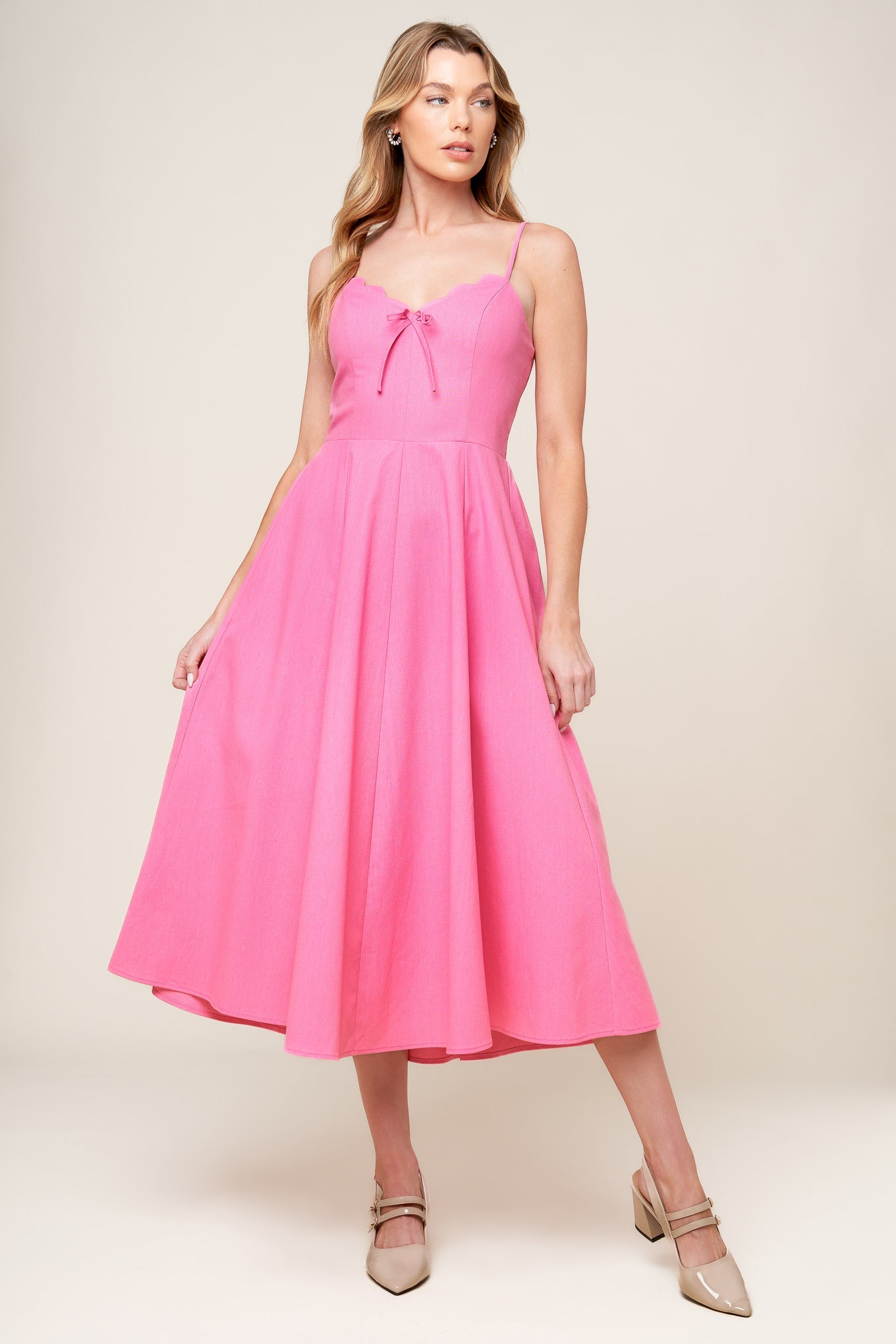 Elegant Pink Midi Dress with Center Bow - Perfect for Weddings, Parties & Special Occasions