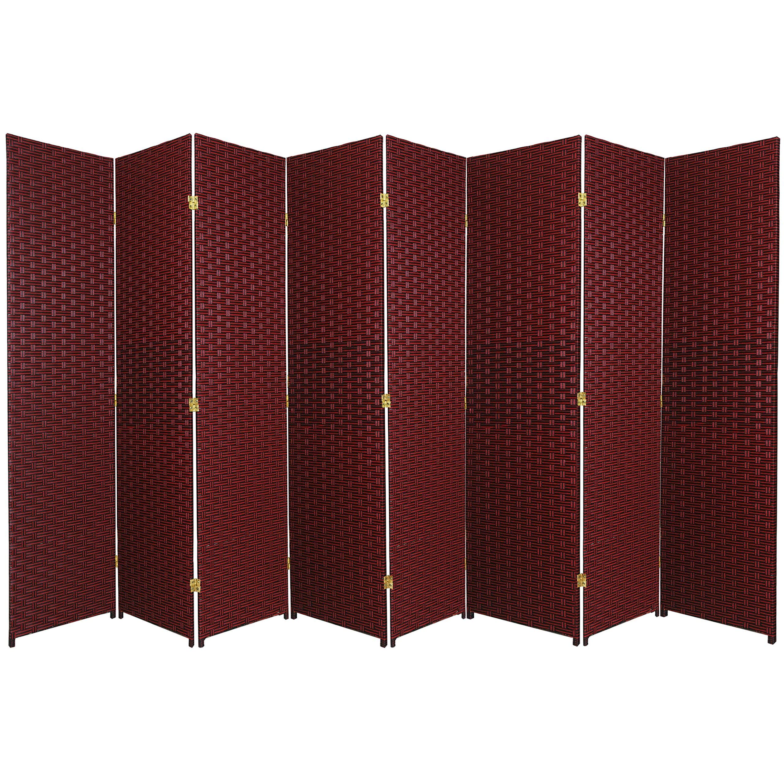 6 ft. Tall Woven Fiber Room Divider - 8 Panel Oriental Screen in Red/Black - Handmade Privacy Partition for Living Room, Bedroom & Office Decor