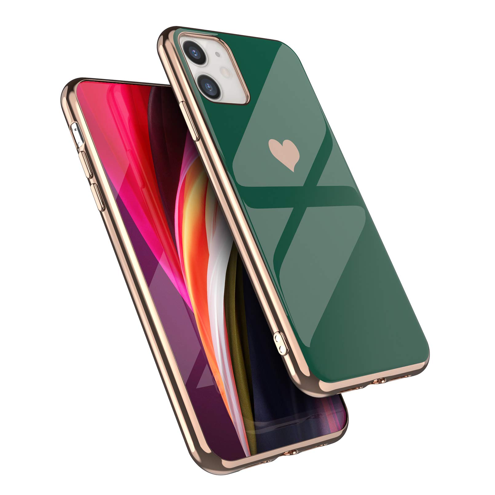 EYZUTAK iPhone 11 Case 6.1 Inch - Soft Silicone TPU Slim Protective Cover with Electroplated Heart Design, Luxury Shockproof Phone Case (Dark Green Heart) - Perfect for Everyday Use, Work & Travel Protection