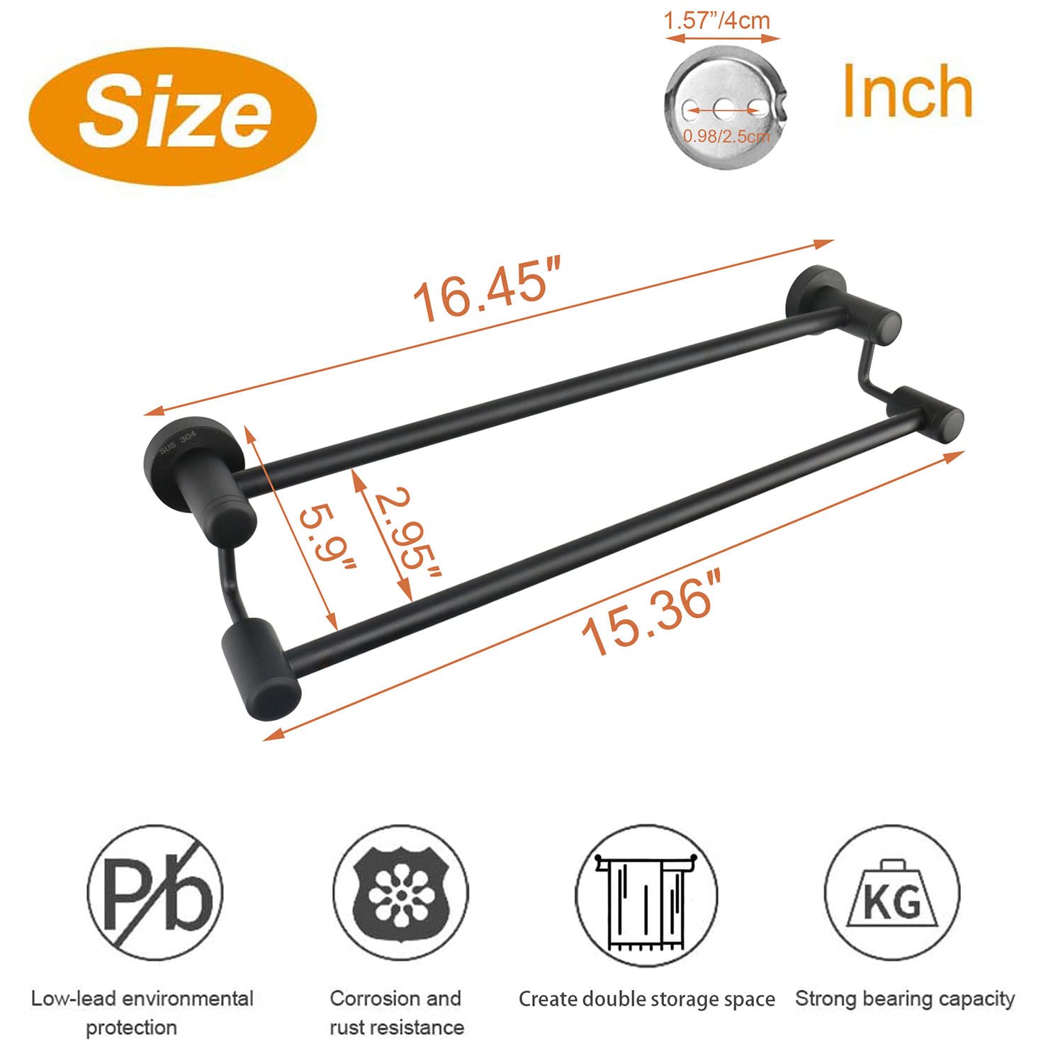 Premium Double Towel Bar - Thickened SUS304 Stainless Steel Bathroom Towel Rack, Heavy Duty Wall Mounted Towel Holder for Bathroom Accessories (Matte Black, 16 Inch) - Perfect for Spa, Guest Bathrooms & Luxury Home Decor