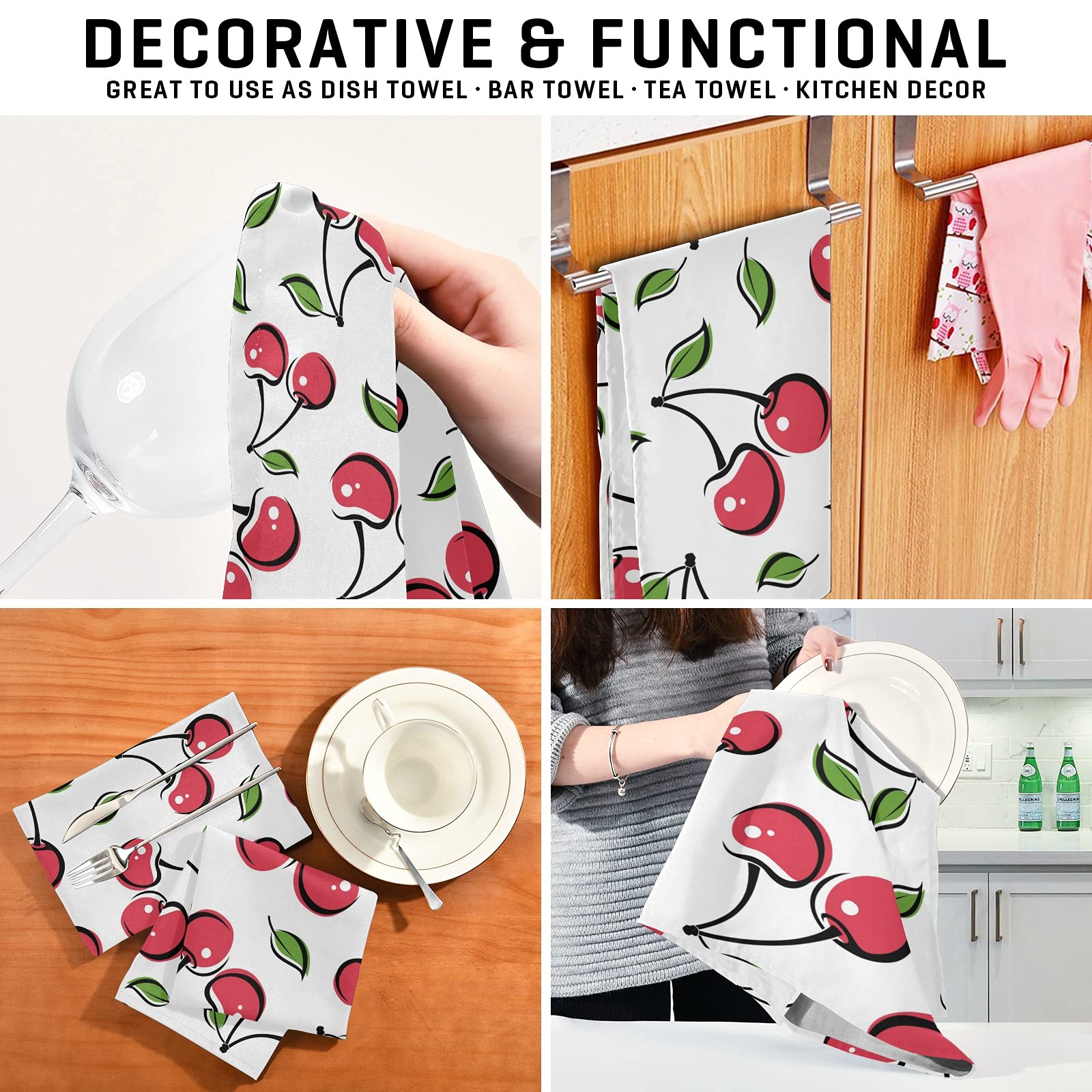 Naanle 4-Pack Cartoon Cherry Berries Kitchen Towels - Reusable, Absorbent & Fast-Drying Dish Cloths (28x18 in) for Home, Bar, Restaurant & Daily Cleaning - Perfect for Dishes, Hands & Countertops