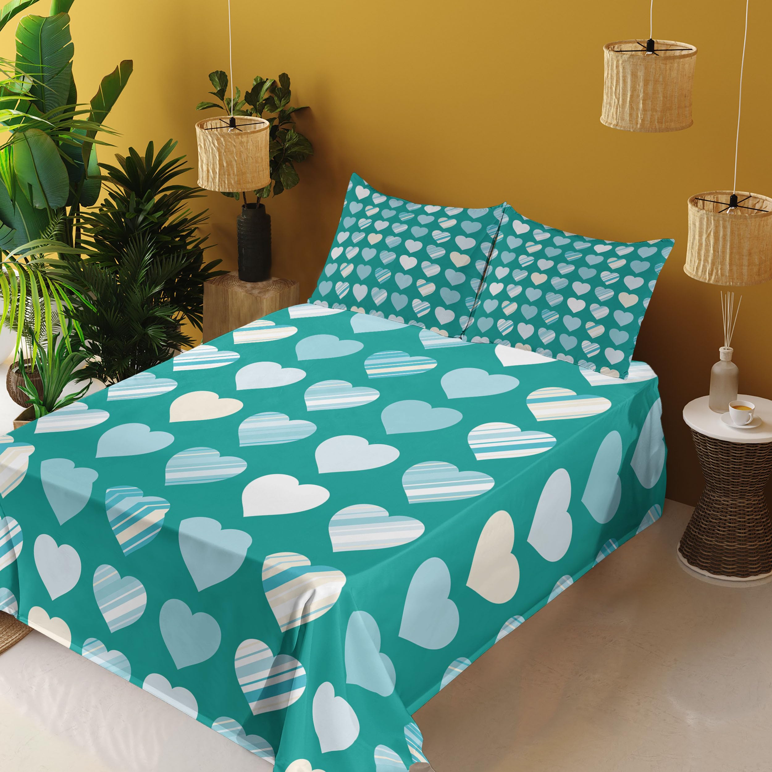 Ambesonne Romance 4-Piece Sheet Set - King Size, Jade Green Seafoam Cream with Heart Lovers Design, Fitted & Flat Sheets + Pillowcases | Soft Bedding for Couples, Valentine's Gift, Master Bedroom Decor