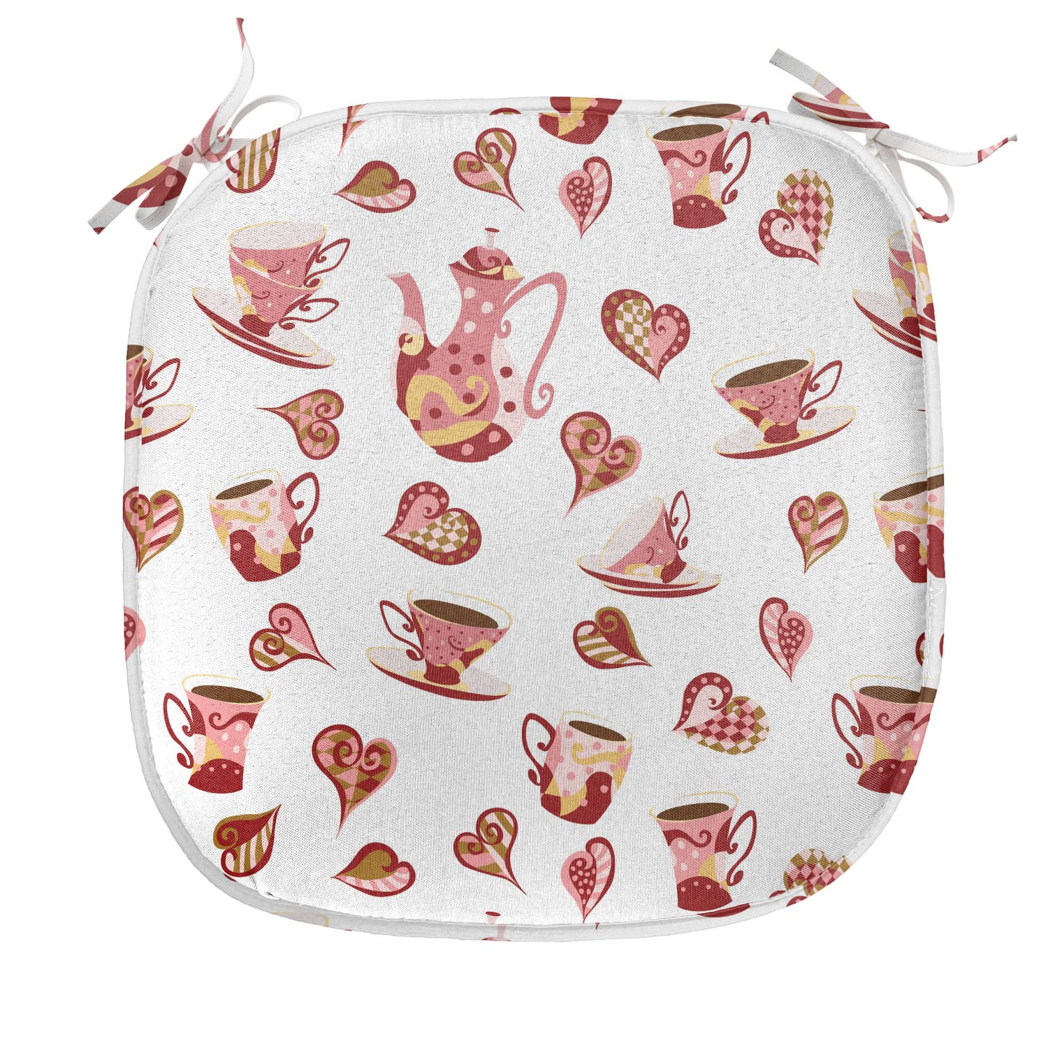 Lunarable Tea Party Chair Cushions Set of 12 - Vibrant Coffee Cup & Teapot Heart Doodle Design - 16x16 Inch Non-Slip Seat Pads for Kitchen, Patio, and Outdoor Dining - Pale Pink & Red Home Decor for Garden Parties and Afternoon Tea Gatherings