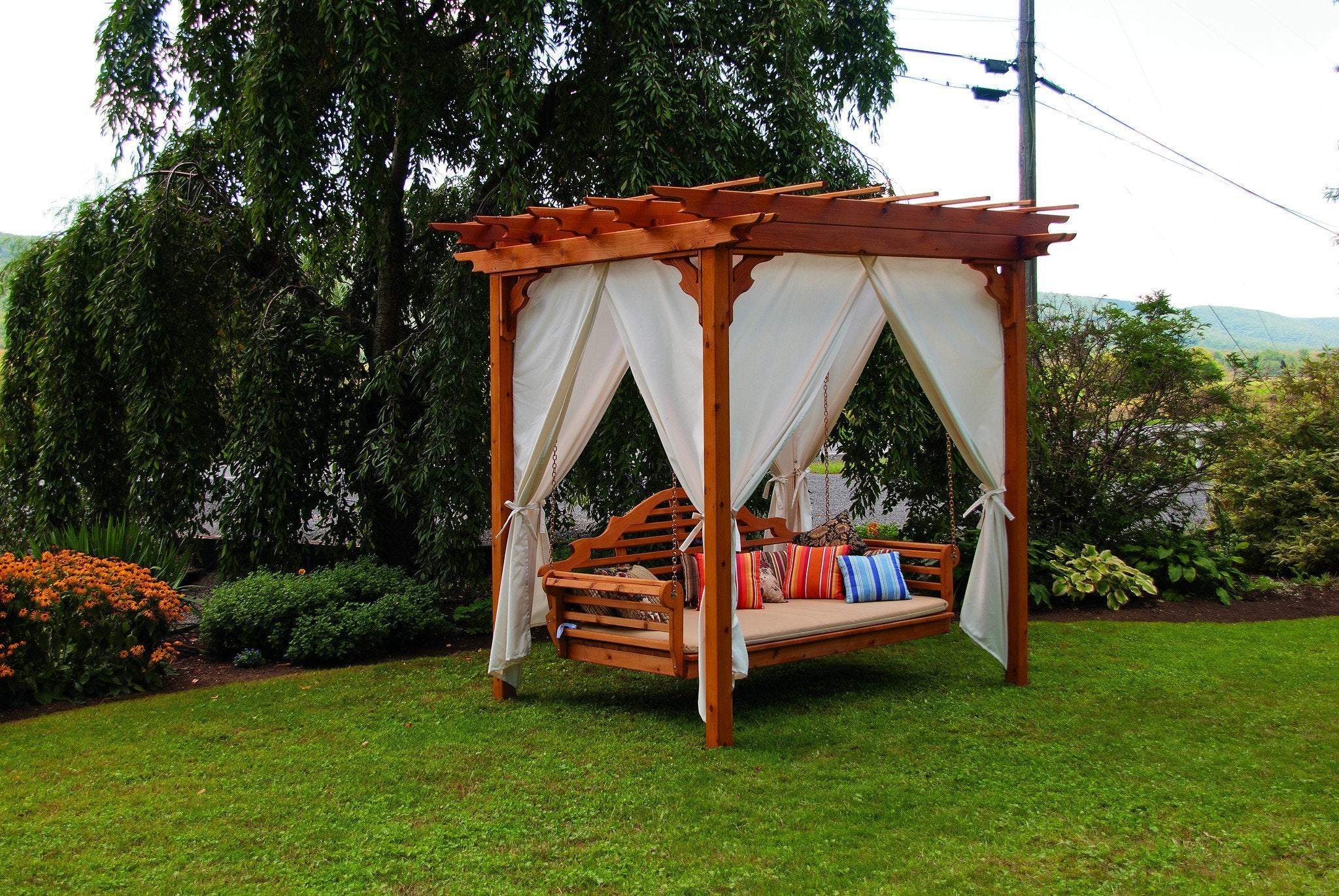 Outdoor Cedar Pergola Swing Bed Stand - Heavy Duty Wooden Canopy Swing for Patio, Garden, Backyard - Perfect for Relaxing, Lounging & Outdoor Decor