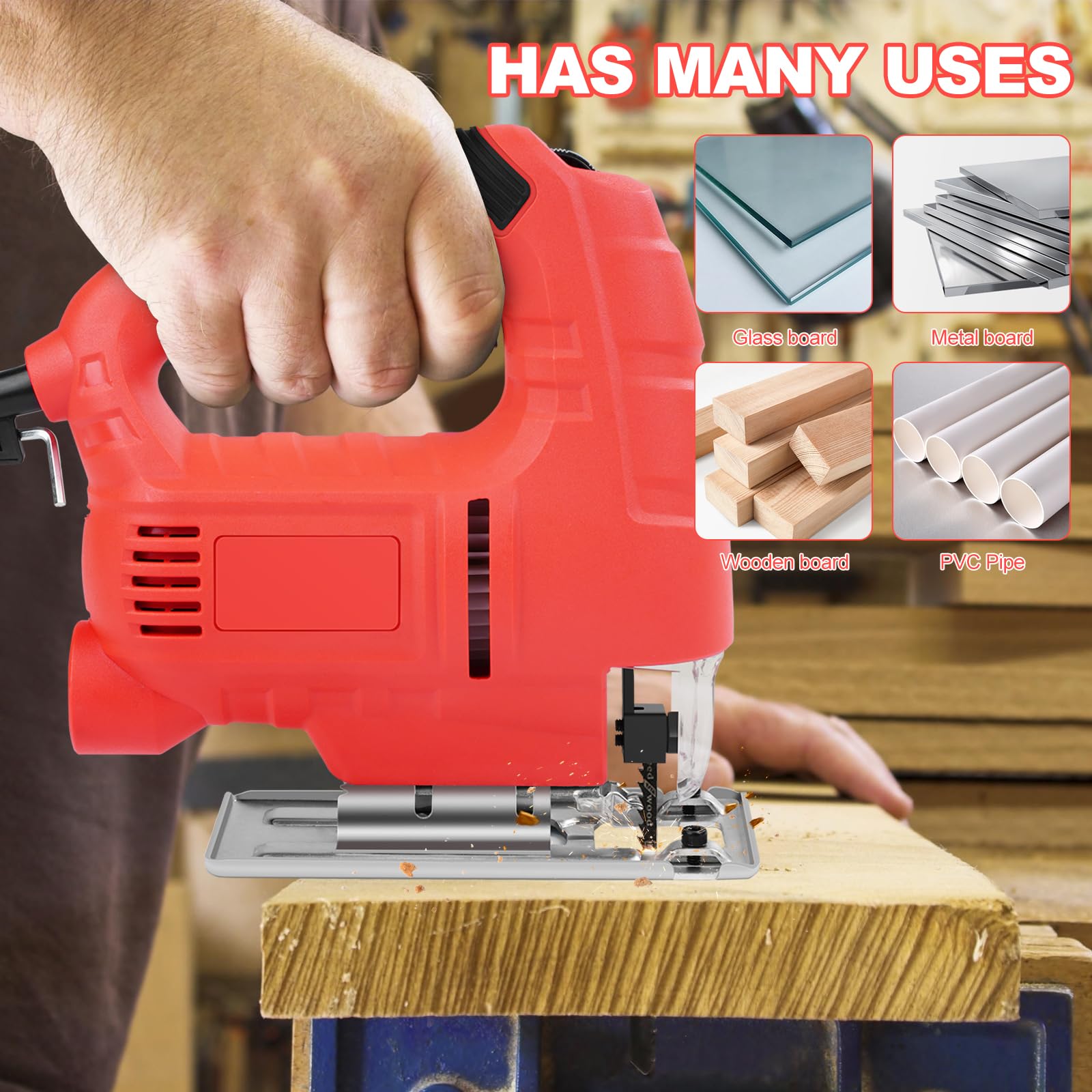 800W Corded Electric Jigsaw Power Tool Kit - 6 Variable Speed Settings with 10 Blades & Edge Guide - Professional Wood, Metal & Plastic Cutting Saw for DIY Projects, Home Renovation & Craft Work