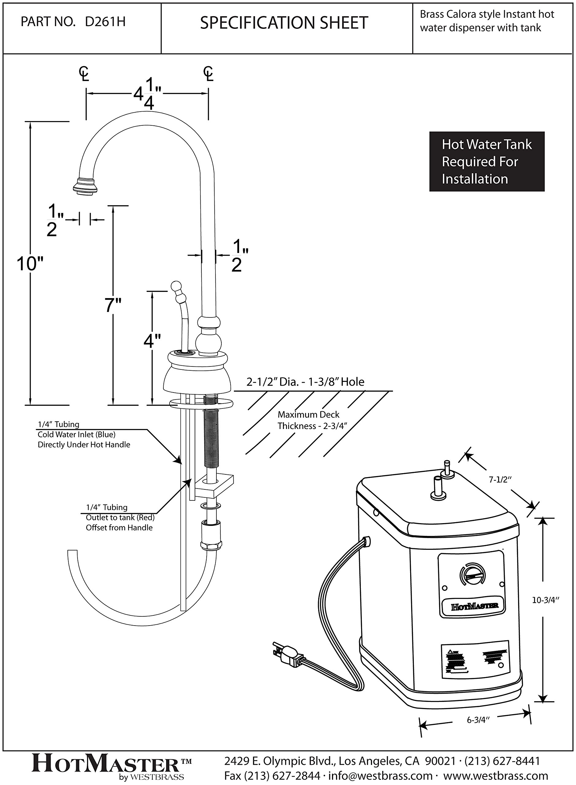 Westbrass D261H-26 10-Inch Instant Hot Water Dispenser Faucet with Tank - Polished Chrome - Single Handle Kitchen Sink Faucet - Perfect for Coffee, Tea & Cooking