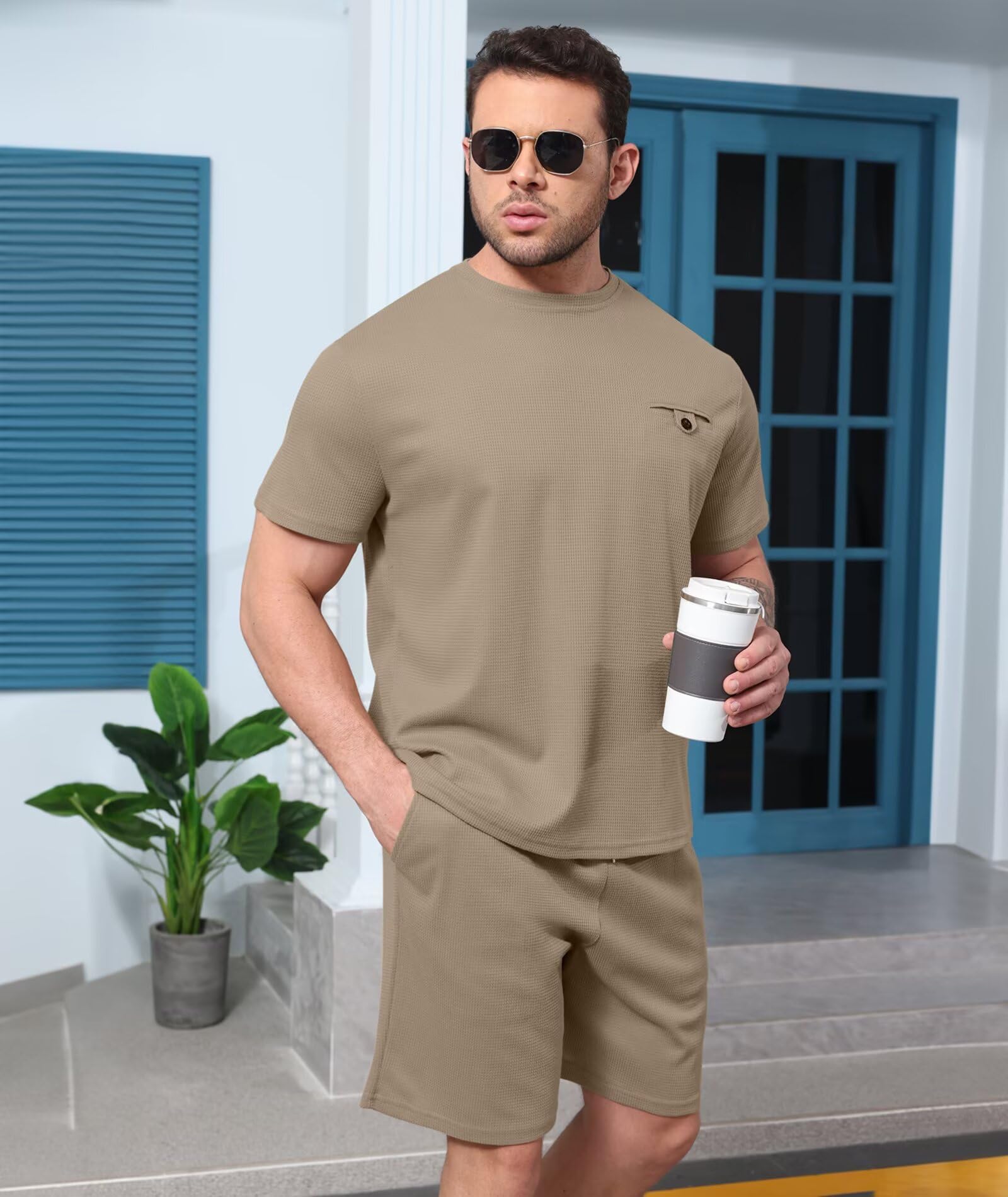 ThusFar Men's Waffle Knit Shirt & Shorts Set - 2 Piece Summer Tracksuit with Pockets for Athletic & Casual Wear | Gym, Running, Beach, Lounge Outfits