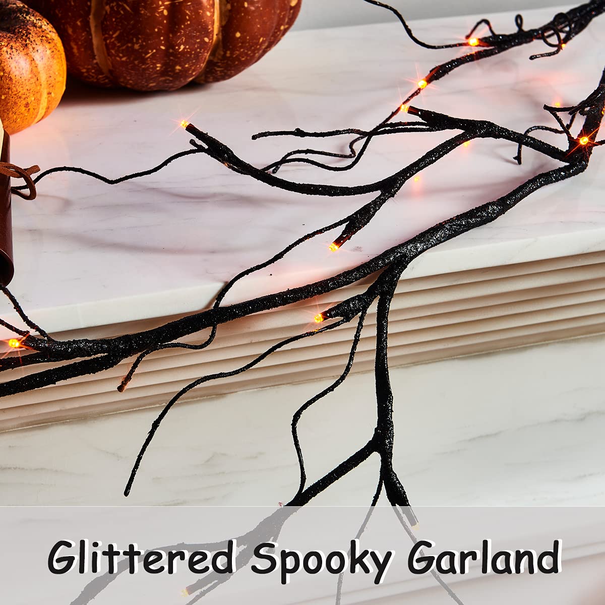 Fudios 6FT Halloween Garland with 48 Orange & Purple LED Lights - Battery Operated Glitter Black Decor for Mantle, Wall, Party (8 Lighting Modes) | Perfect for Halloween Home Decoration, Spooky Porch Display & Themed Party Backdrop