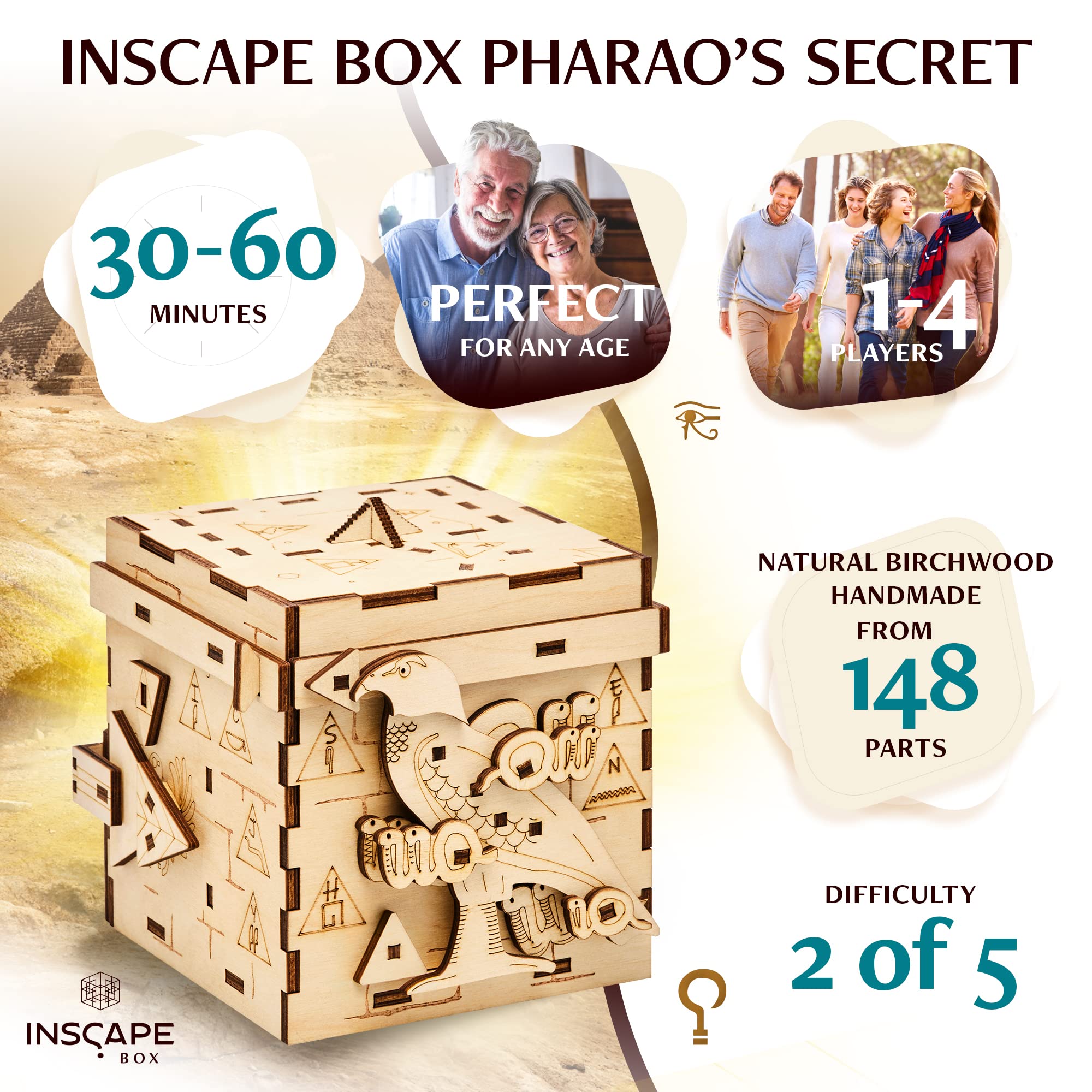 INSCAPE Pharaoh's Secret Puzzle Box - Wooden Escape Room Puzzle for Adults with Hidden Compartments - Challenging Brain Teaser & Cluebox Game - Perfect Birthday Gift for Puzzle Lovers (Great for Game Nights, Team Building & Escape Room Enthusiasts)