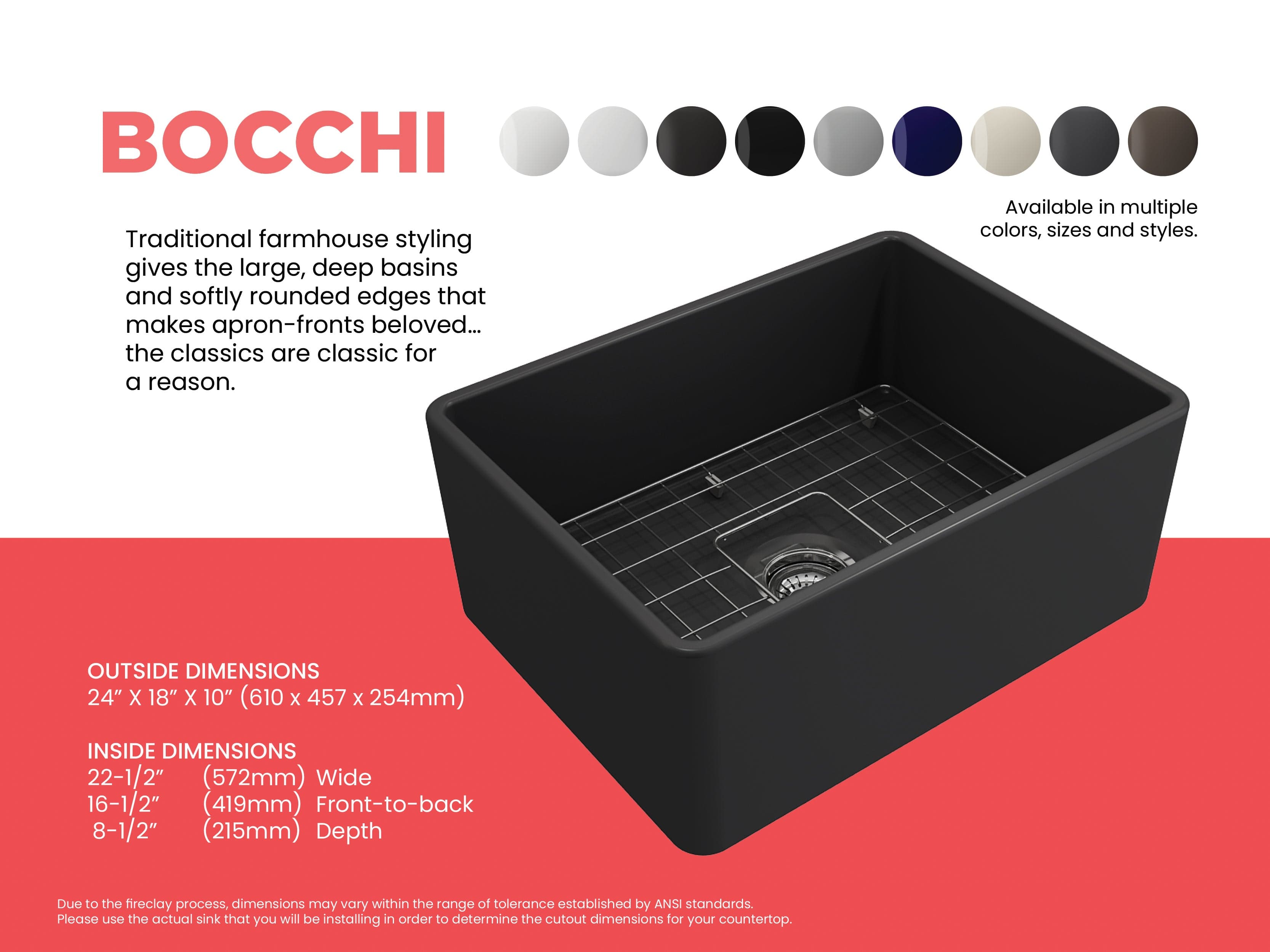BOCCHI Classico 24-inch Fireclay Farmhouse Apron Front Single Bowl Kitchen Sink - Durable & Stylish for Modern Farmhouse, Rustic, and Traditional Kitchen Designs