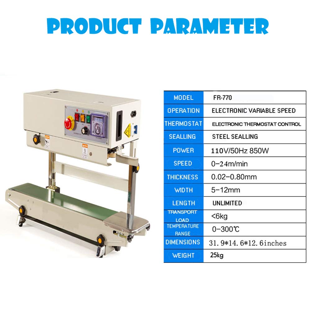 TECHTONGDA FR-770 Automatic Continuous Band Sealer Machine with Vertical Bracket - 110V Plastic/PVC Bag Sealing for Packaging | Ideal for Food, Retail & Industrial Use