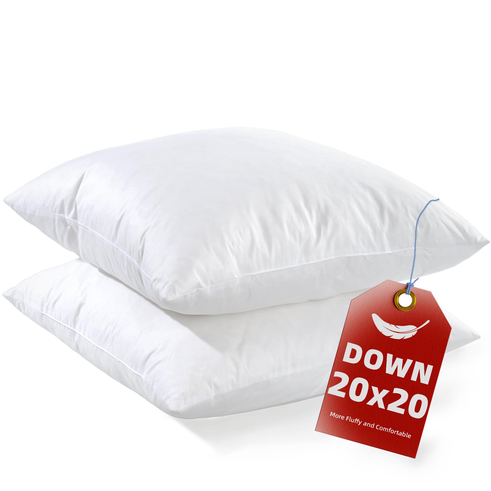 YSTHER 20x20 Down Feather Throw Pillow Inserts Set of 2 - Firm Large Lumbar Pillows for Bed & Couch - Soft Decorative Pillows for Sleeping & Relaxing - White Cotton Pillow Covers for Sofa, Living Room & Bedroom Decor