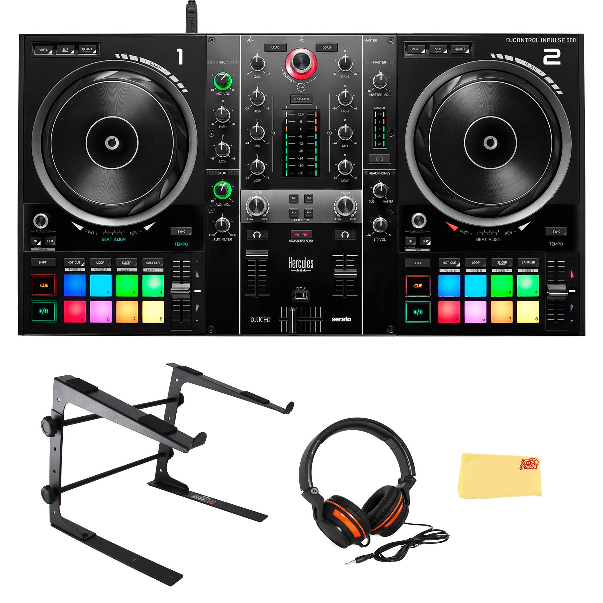 Hercules DJ Control Inpulse 500 DJ Controller Bundle with Laptop Stand, Professional Headphones & Cleaning Cloth - Complete DJ Starter Kit for Home Studio, Parties & Live Performances