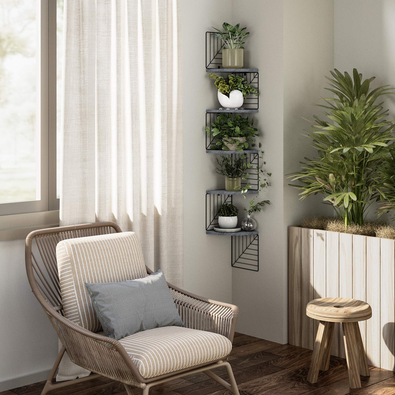 5-Tier Rustic Wood Floating Wall Shelves - Corner Shelf for Bedroom, Living Room, Bathroom, Kitchen & Office - Weathered Grey Finish - Perfect for Home Decor, Storage & Display