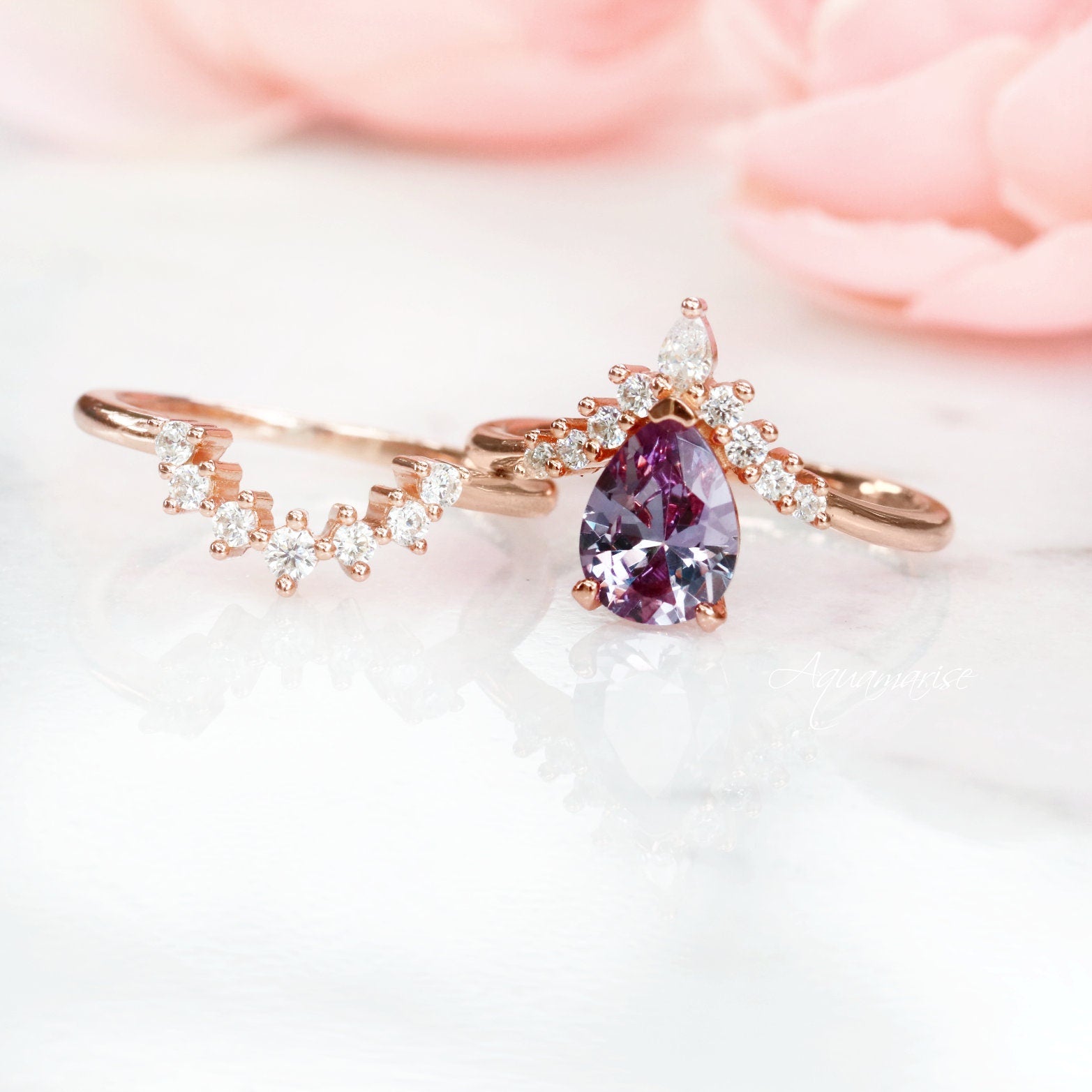 14K Rose Gold Vermeil Alexandrite Ring Set for Women | Elegant Birthstone Jewelry Gift for Anniversary, Engagement & Special Occasions