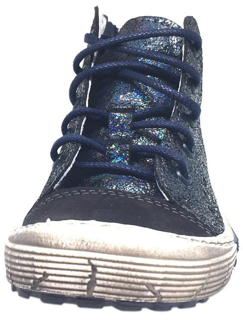 Emel Girls Navy Metallic Shimmer Leather High Top Sneakers with Lace-Up & Side Zipper - Stylish Sparkle Shoes for School, Dance, and Everyday Wear