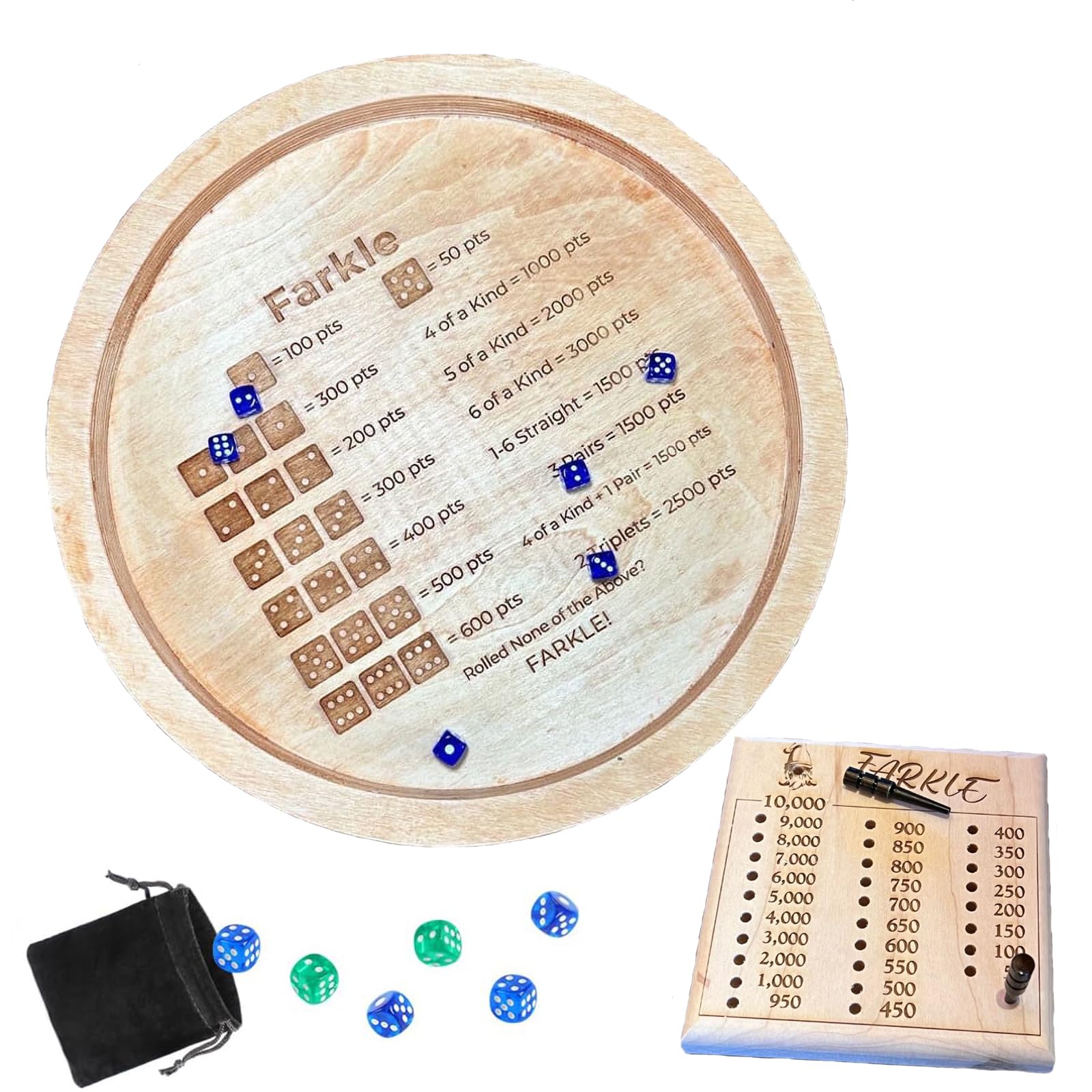 Premium Farkle Dice Game Set with Wooden Tray & Scoreboard - 12 Pearl Dice, Dry Erase Marker - Classic Family Board Game for Adults & Kids - Perfect for Camping Trips, Game Nights & Holiday Gatherings (14 Inch)