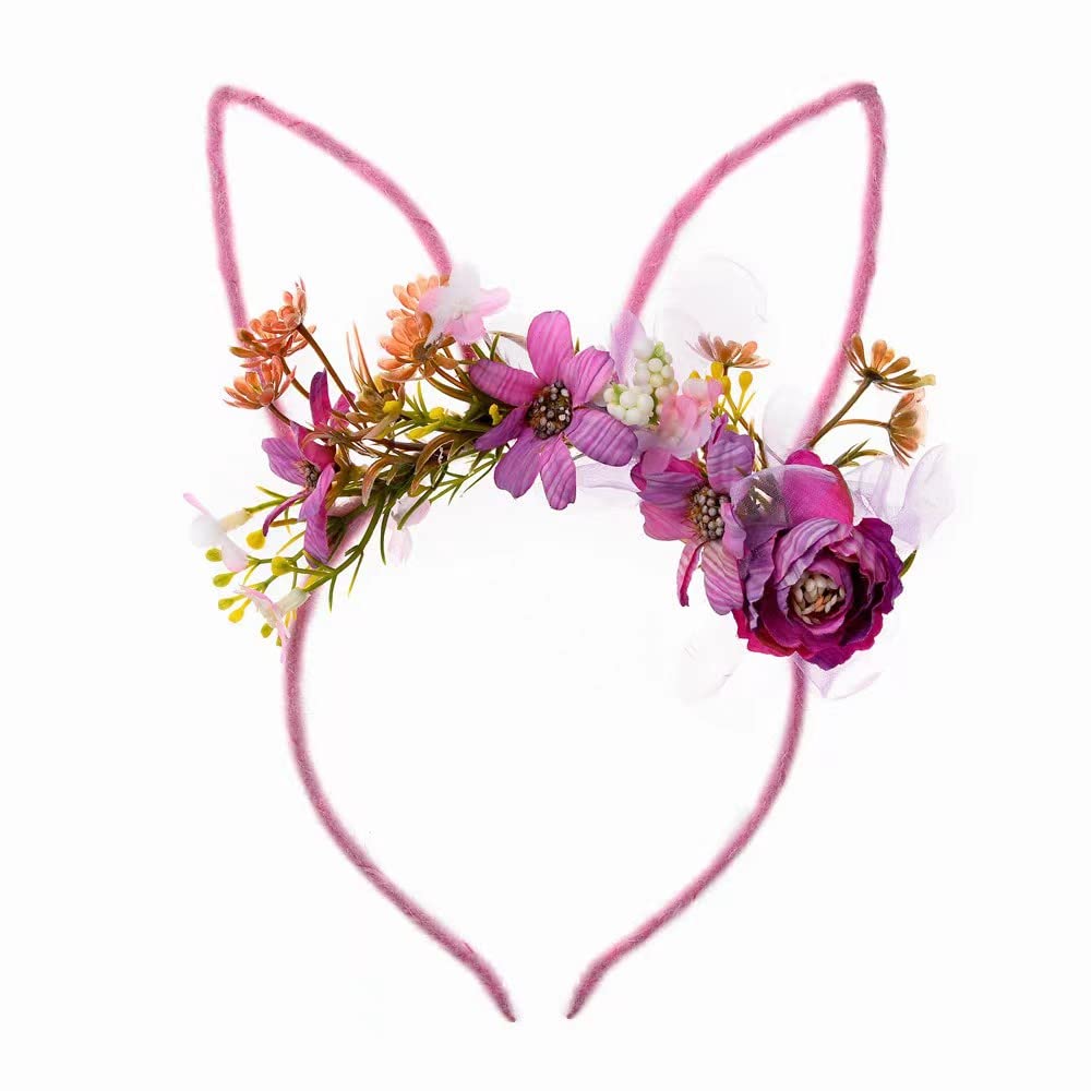 Bubbmi Easter Bunny Ear Headband with Artificial Flowers Crown - Rabbit Long Ear Hairbands for Girls & Women - Pink & Purple Festival Costume Hair Accessories for Easter, Spring Parties & Photo Shoots