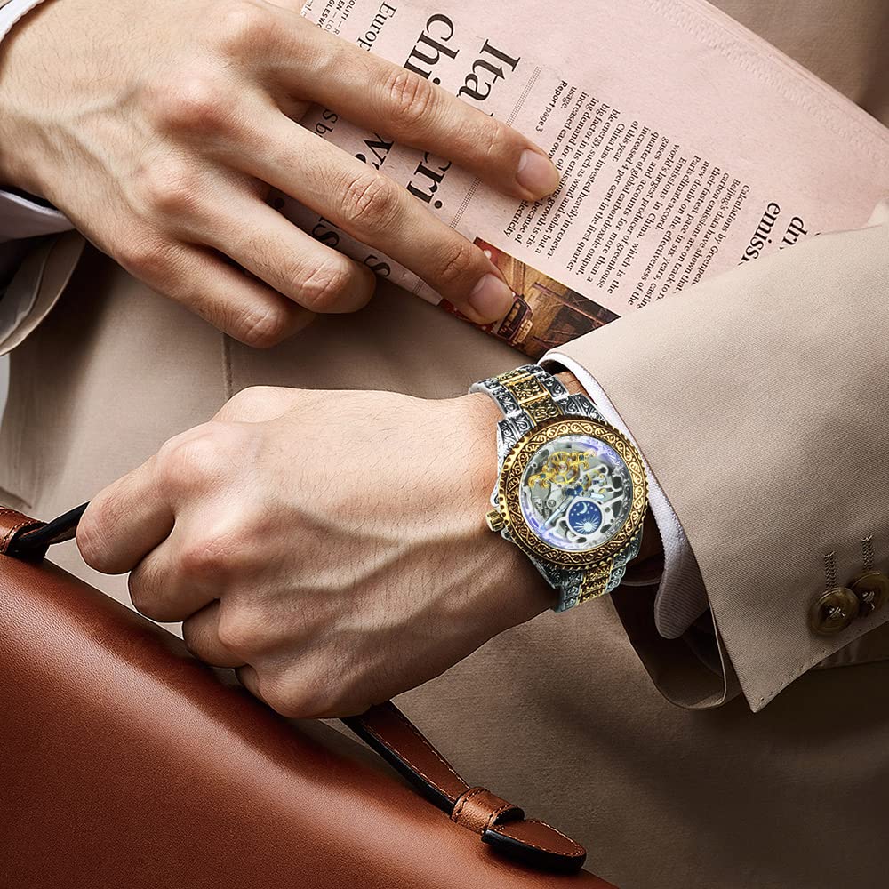 Gosasa Retro Skeleton Automatic Mechanical Watch for Men - Self-Winding Tourbillon with 24H Moon Phase & Big Dial - Perfect for Business, Formal Events & Collector's Display