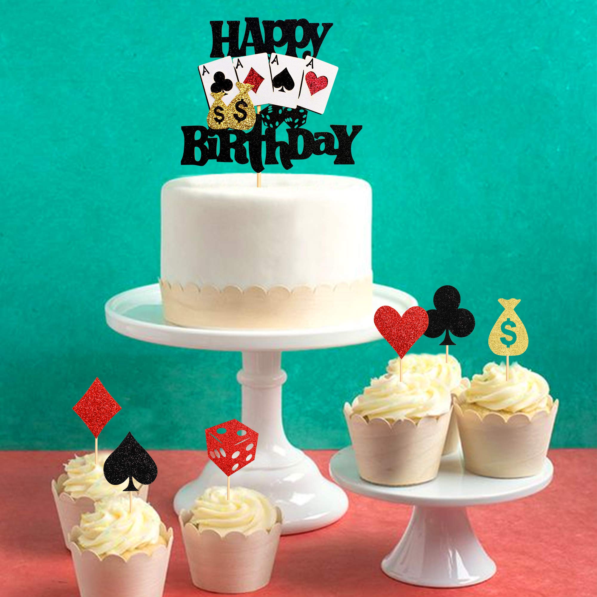 25 Pack Casino Cupcake Toppers - Poker Heart & Playing Cards Decorations for Vegas Theme Parties, Poker Night Supplies, Birthday & Bachelorette Celebrations